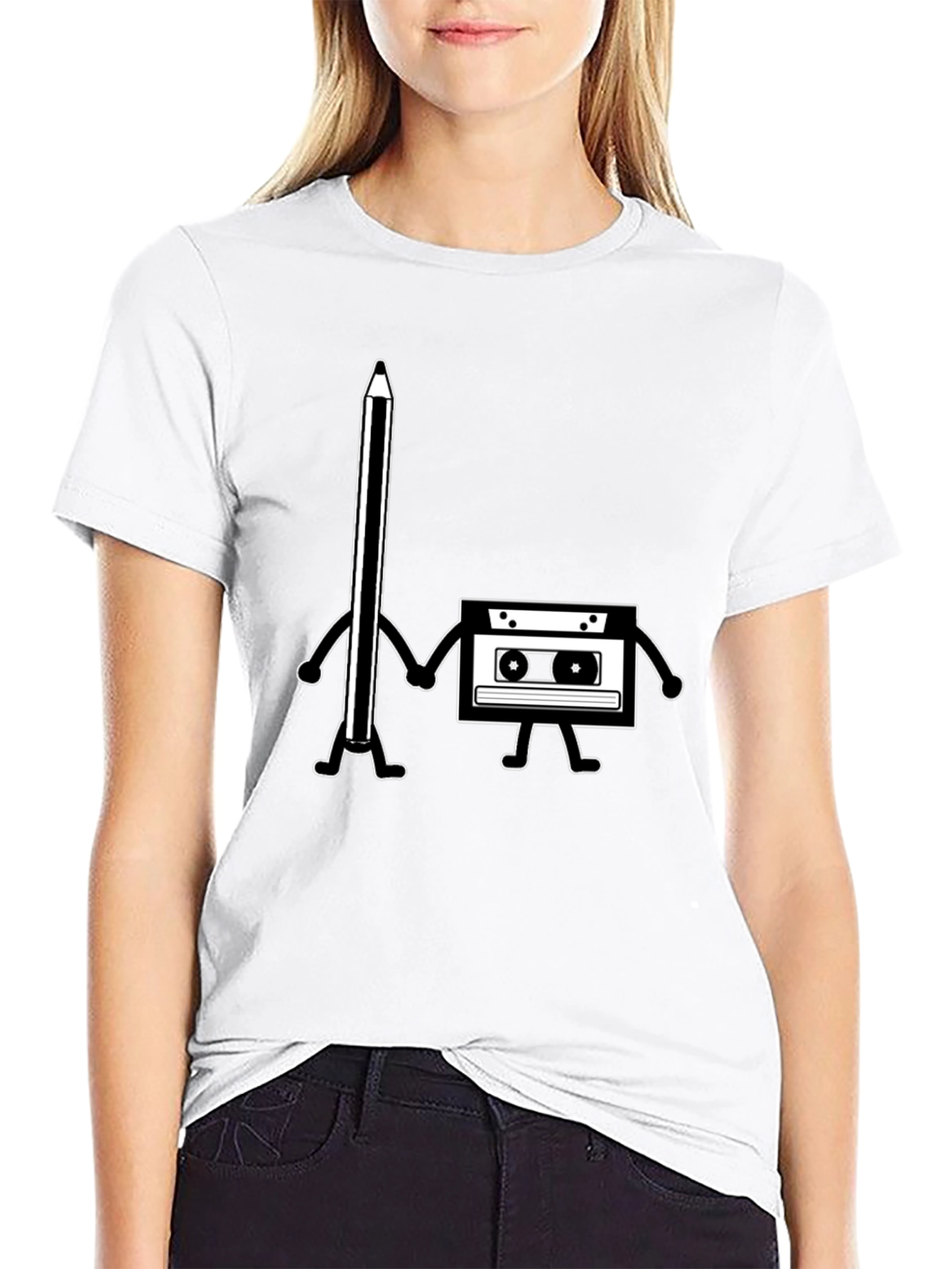 Black Retro Music Lover Tee - Pencil & Cassette Best Friends view 9