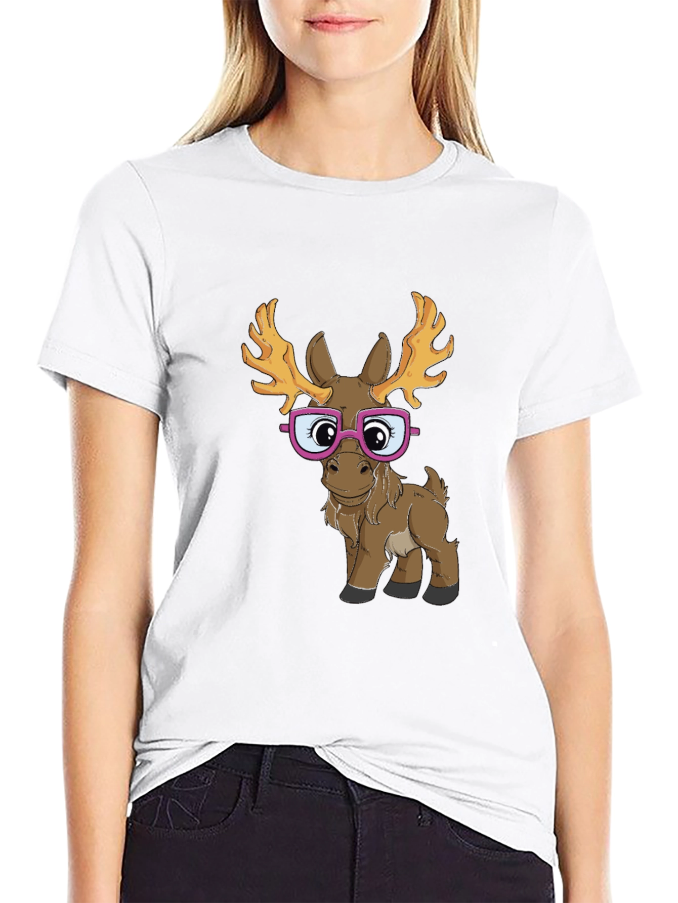 Black Funny Moose with Glasses Graphic Tee view 9