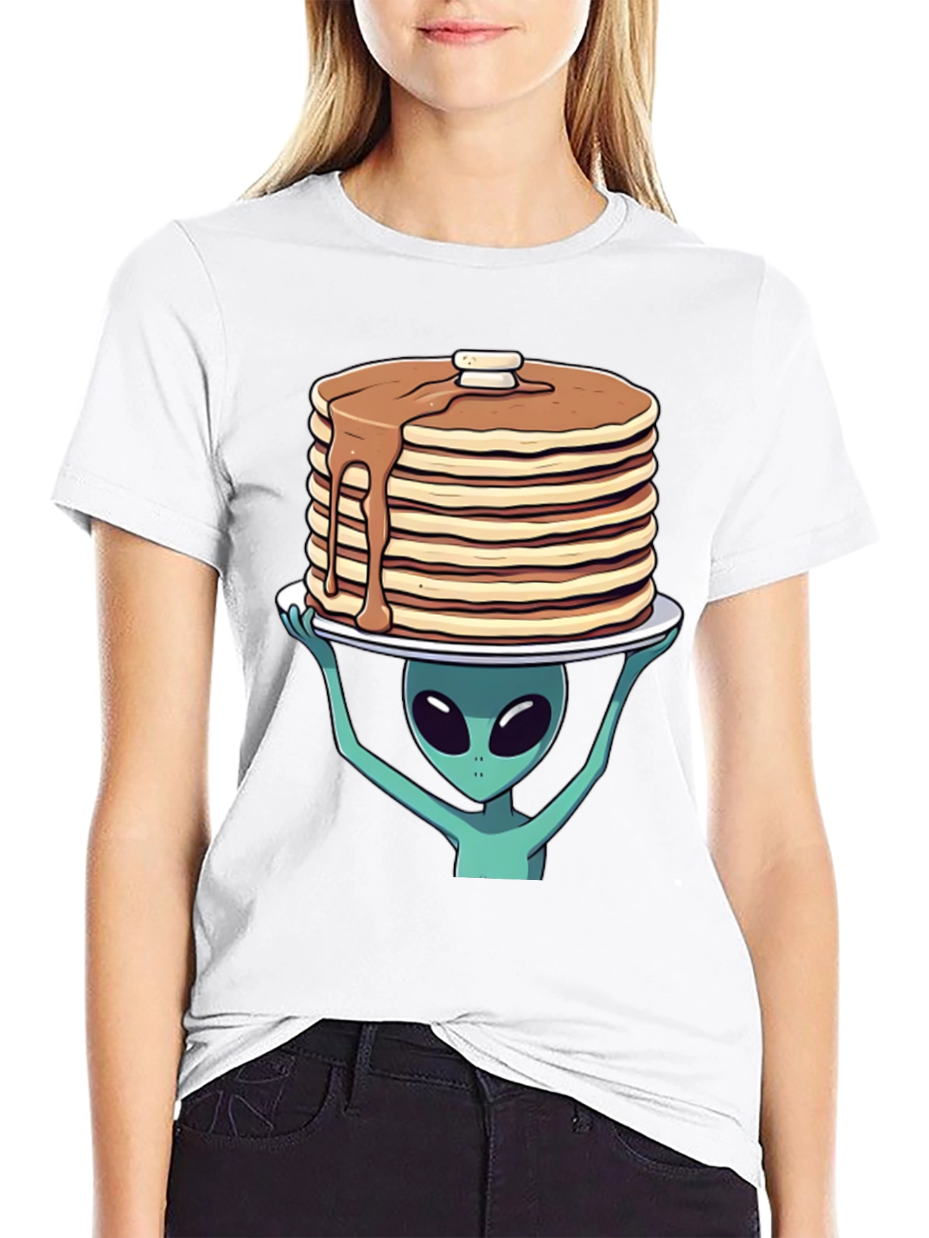 Black Alien Pancakes T-Shirt - Space Foodie Tee view 9