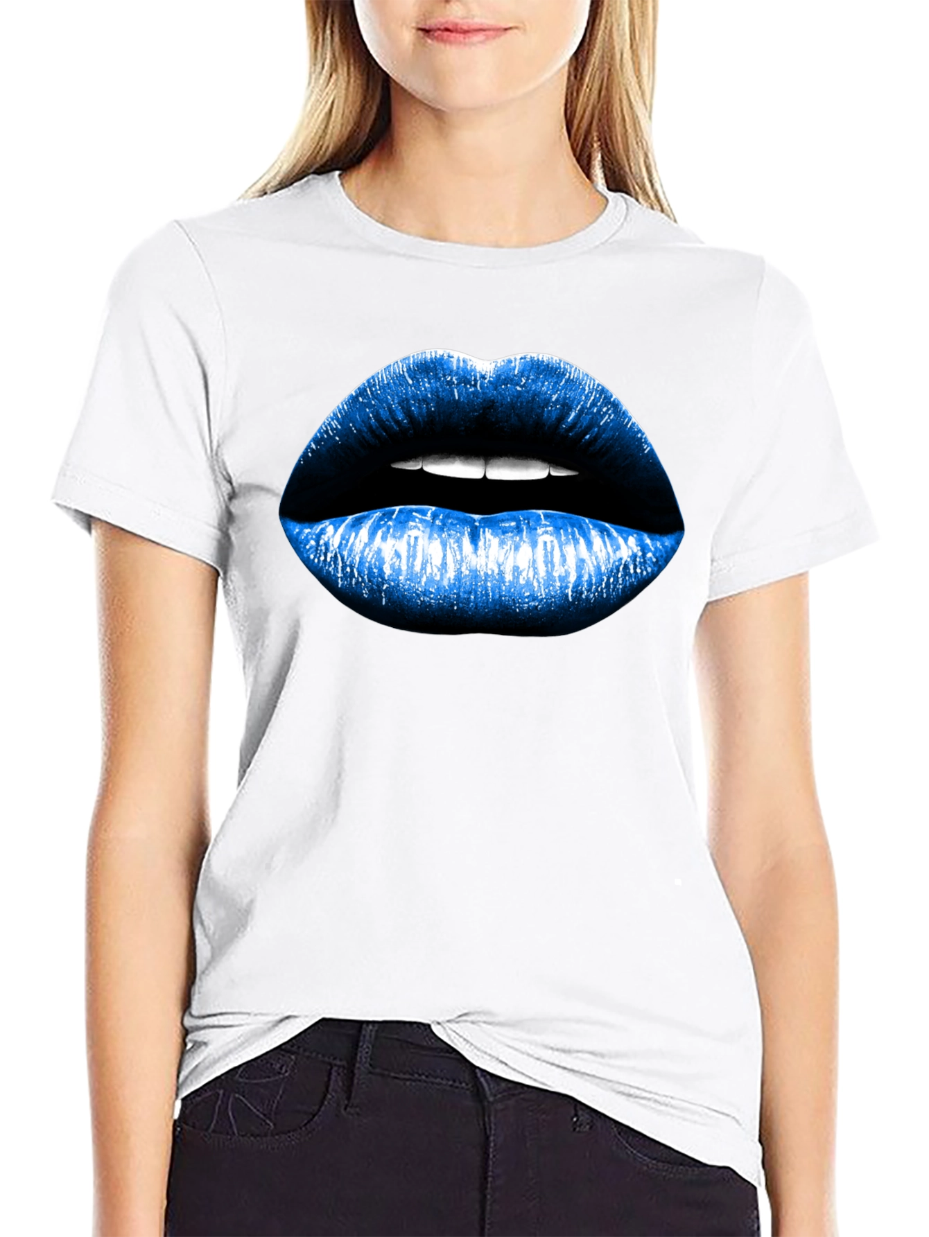 Black Blue Lips Graphic Black T-Shirt view 9