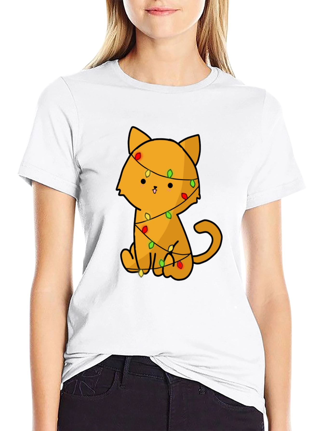 Black Cute Cat with Christmas Lights T-Shirt view 9