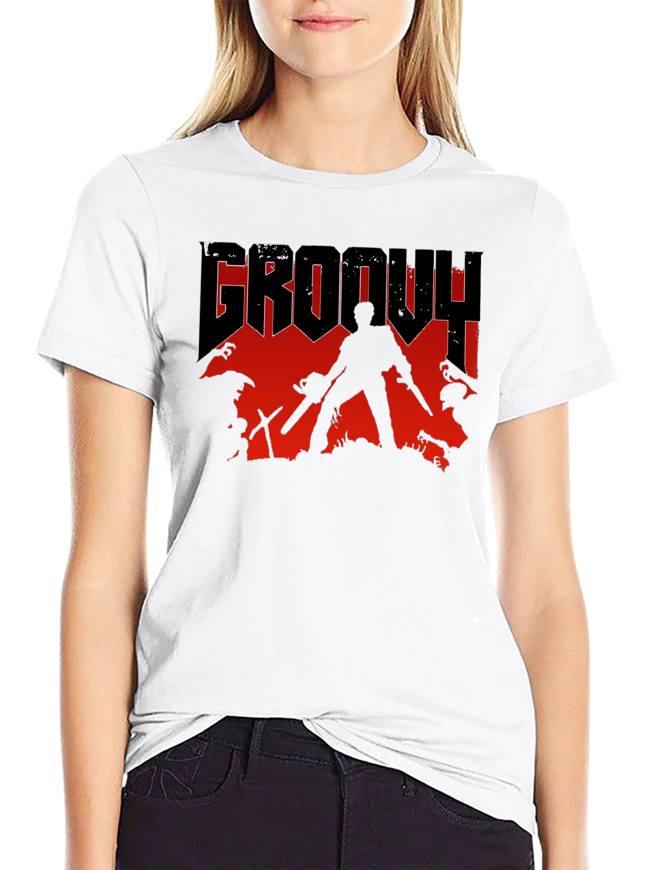 Black Groovy Horror T-Shirt - Chainsaw & Boomstick Design view 9