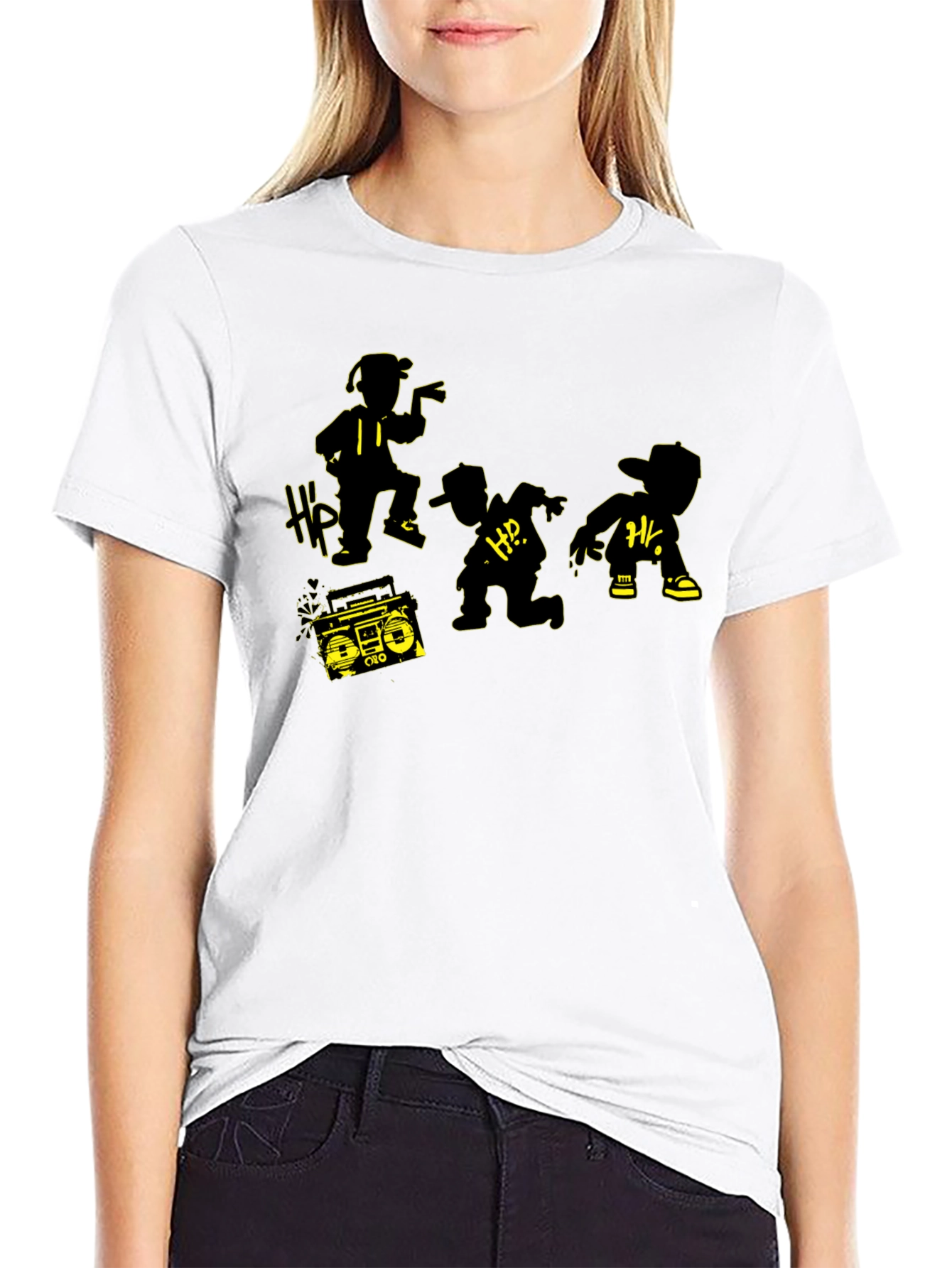 Black Retro Hip Hop Crew T-Shirt - Classic Boombox Design view 9