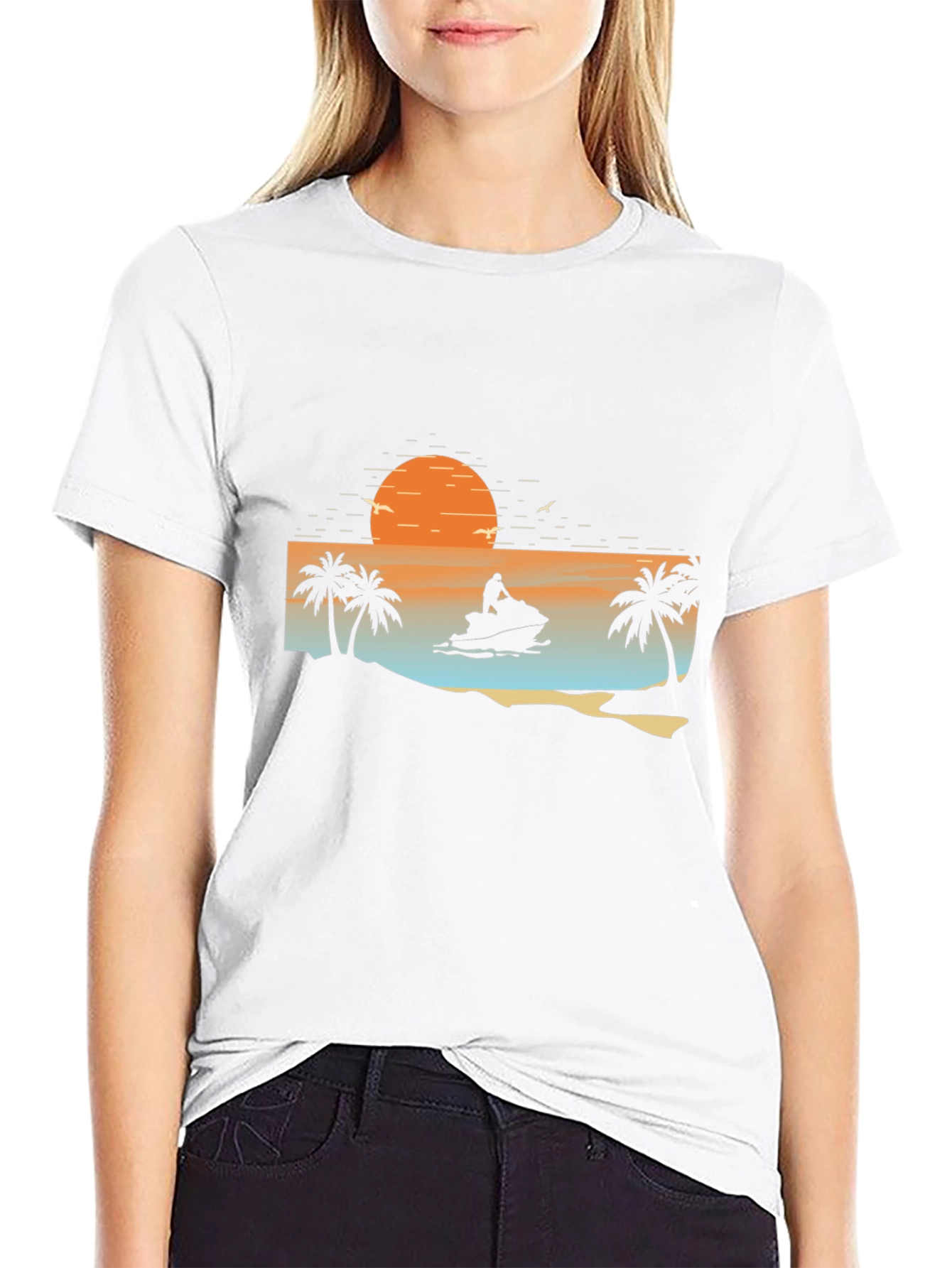 Black Sunset Jet Ski Palm Tree Graphic Black T-Shirt view 9