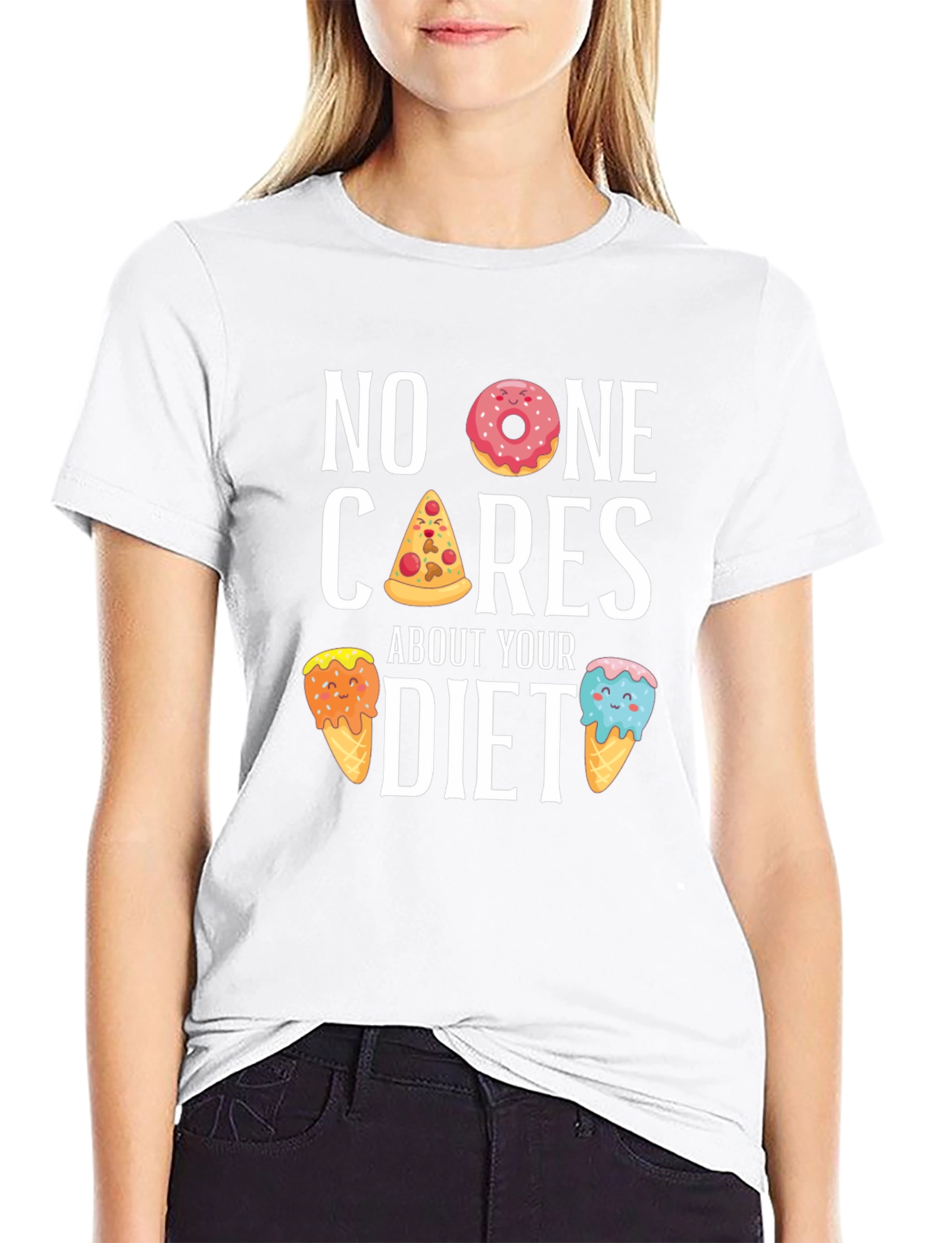 Black Funny Diet T-Shirt - No One Cares, Doughnut, Pizza, Ice Cream view 9