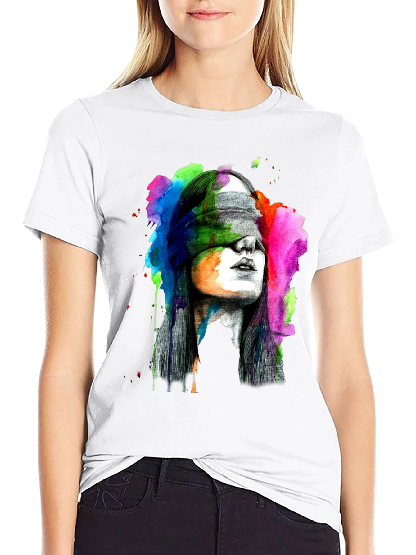 Black Blindfolded Woman Graphic Tee - Artistic Black T-Shirt view 9