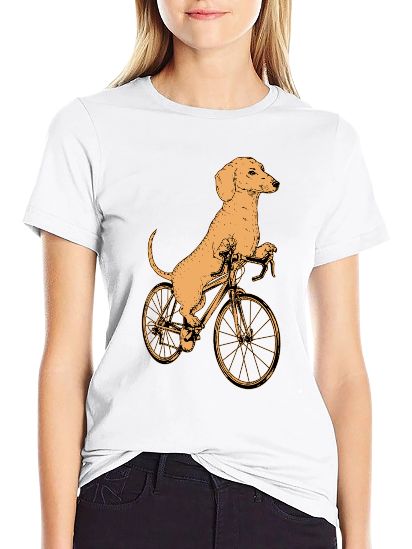 Black Dachshund on Bike T-Shirt - Black Cotton Tee view 9