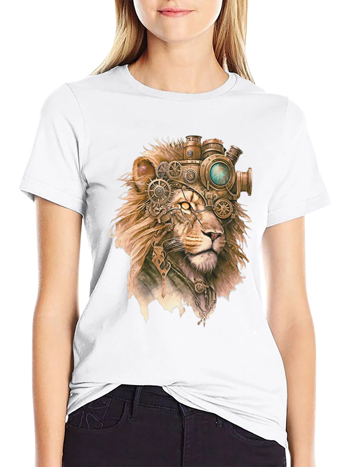 Black Steampunk Lion Graphic Print Black T-Shirt view 9