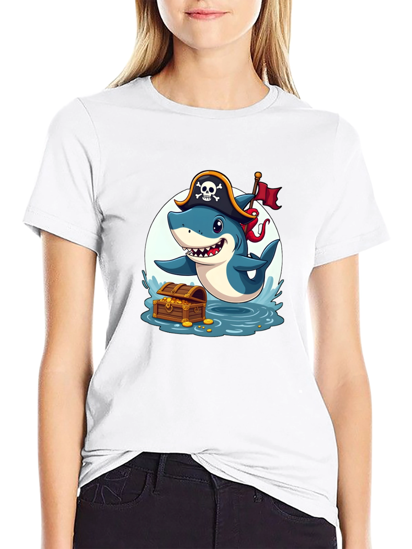Black Pirate Shark T-Shirt - Cartoon Graphic Tee view 9