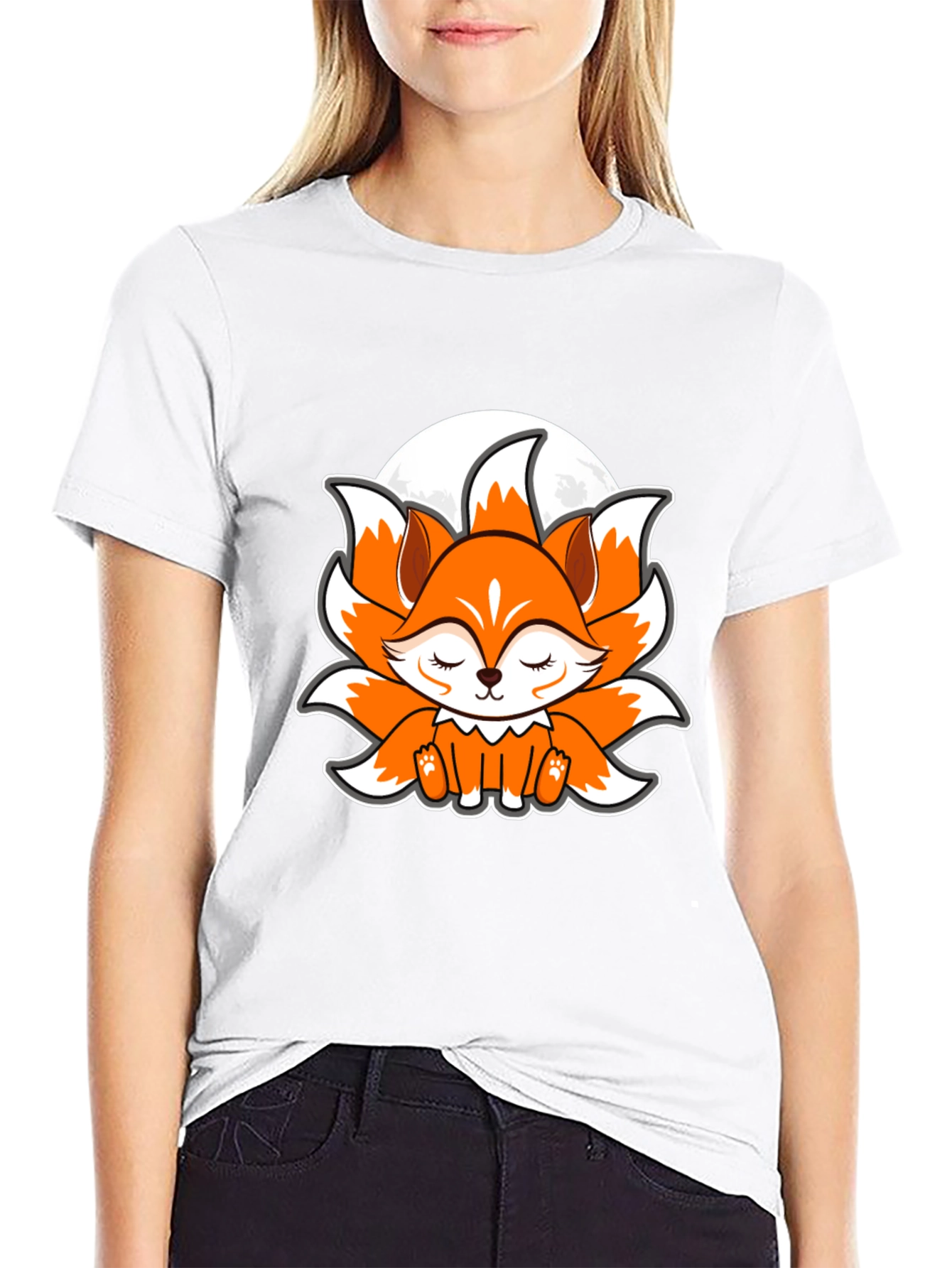 Black Cute Anime Fox Graphic Tee - Black Cotton T-Shirt view 9