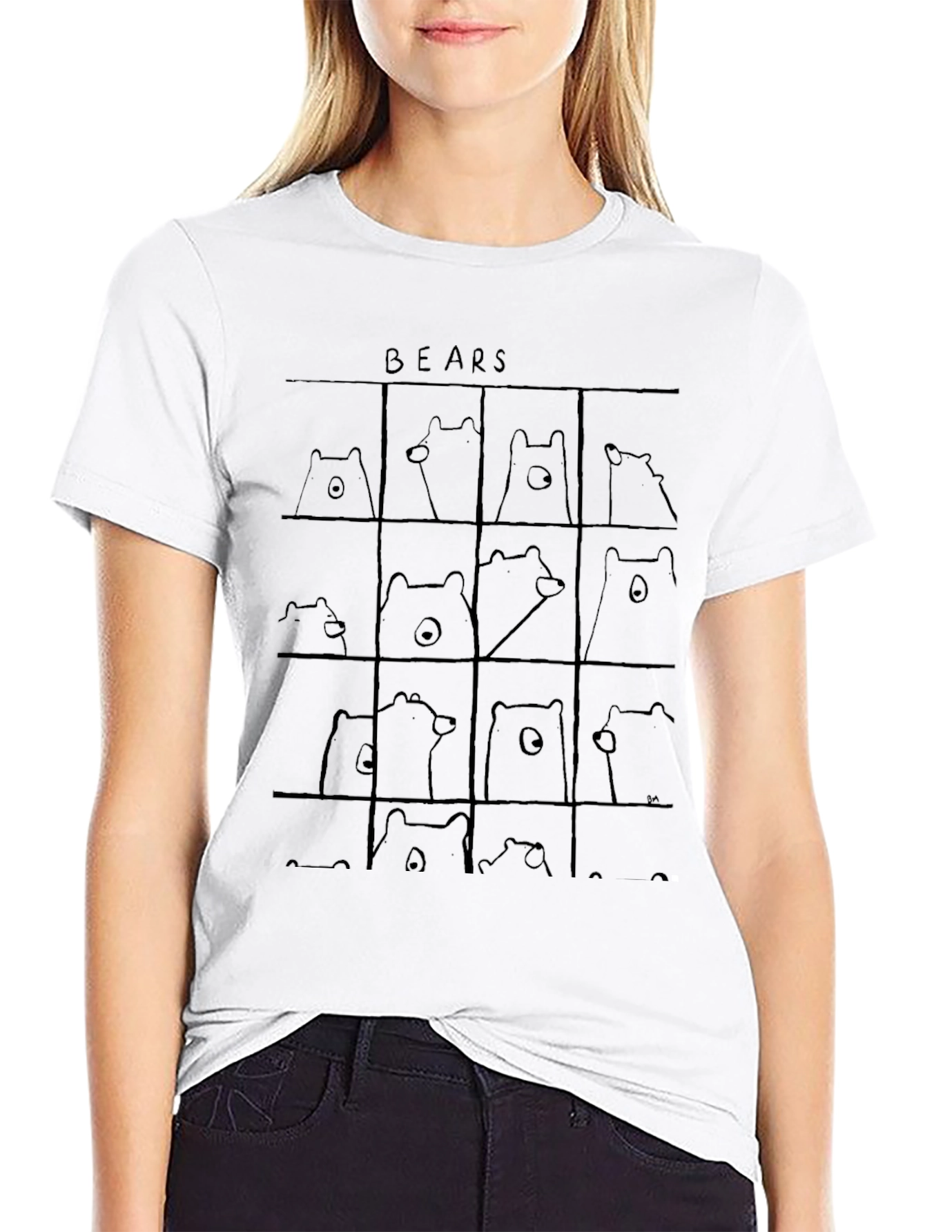 Black Bear Grid Black T-Shirt - Cute Cartoon Animal Tee view 9
