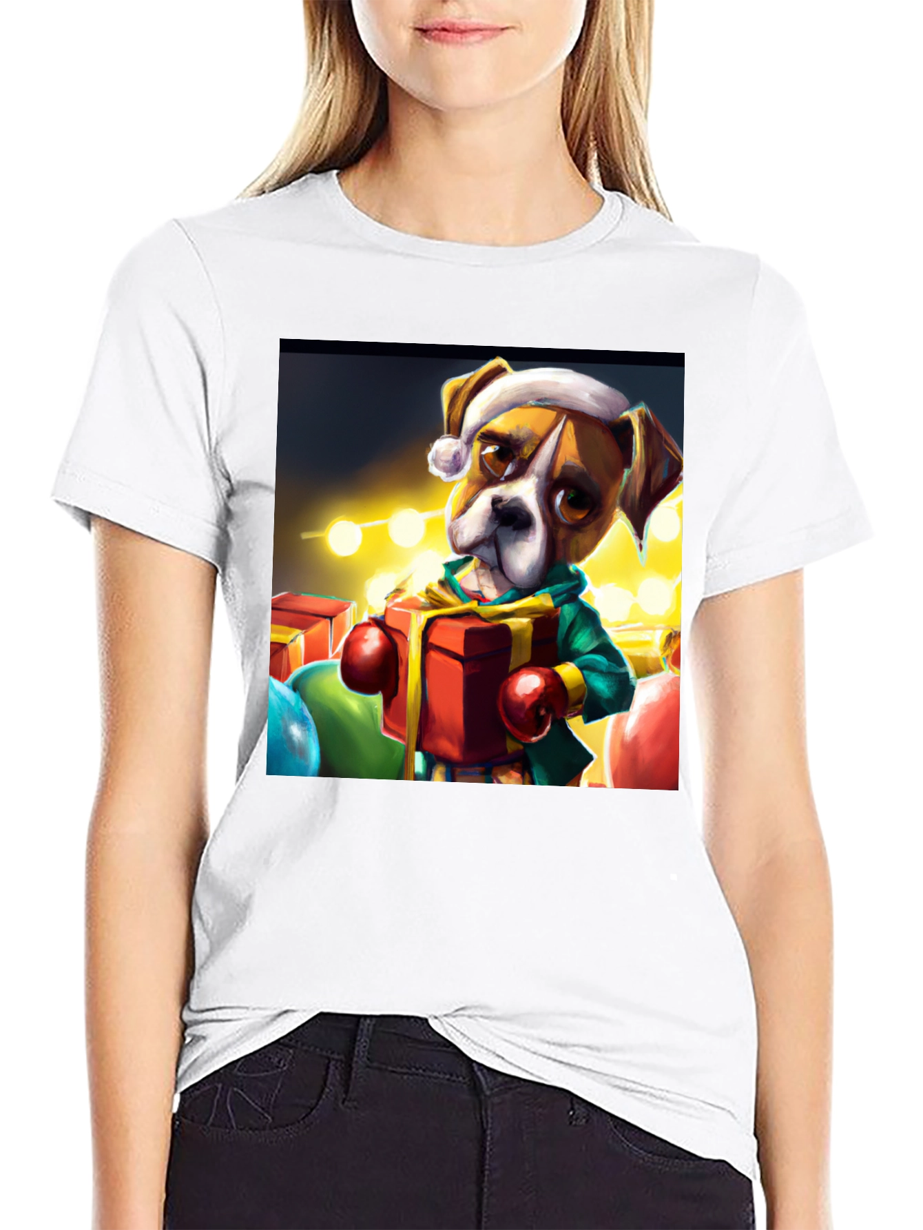 Black Festive Boxer Dog Christmas T-Shirt view 9