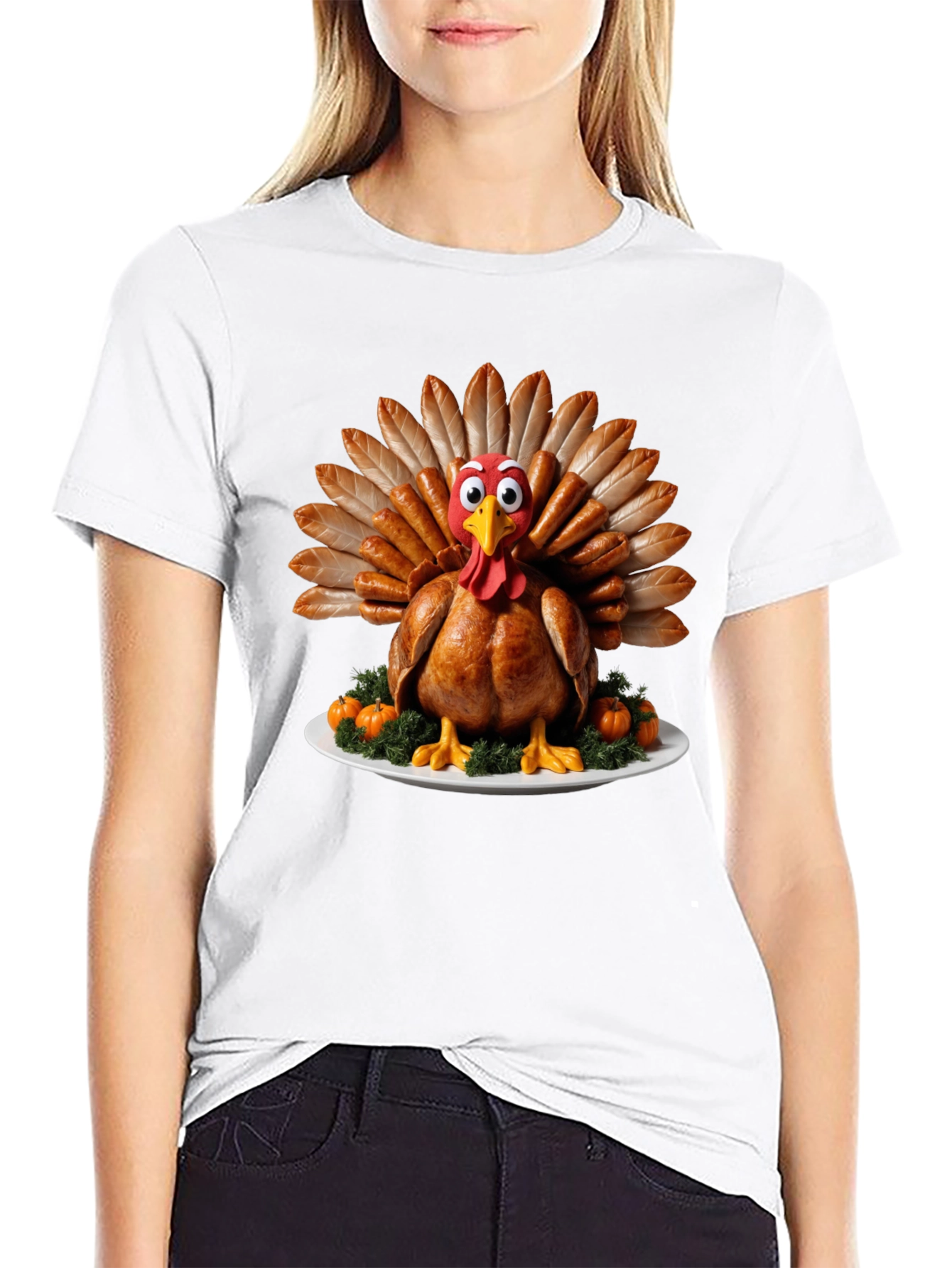 Black Thanksgiving Turkey T-Shirt - Sausage Feather Cartoon Bird view 9