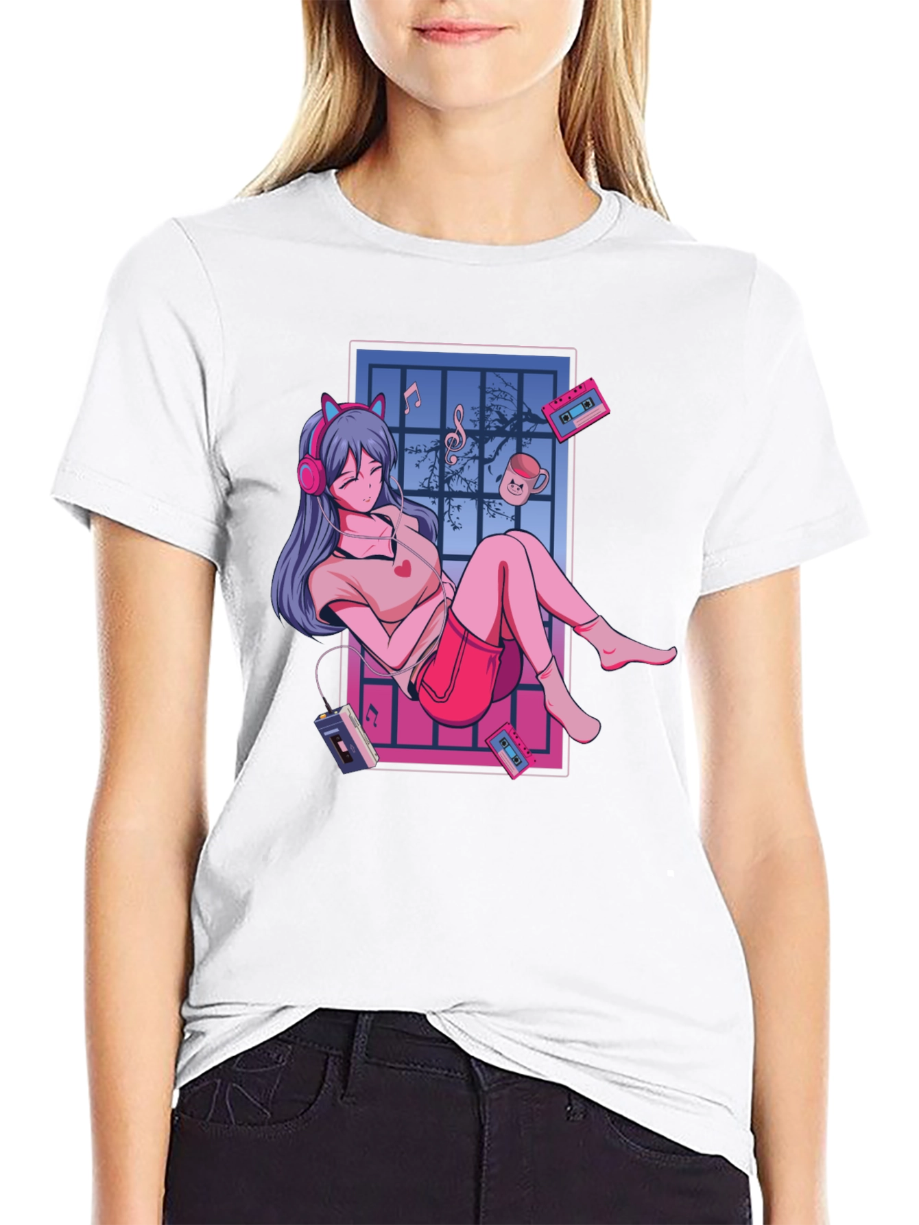 Black Anime Girl Music Lover T-Shirt - Black view 9