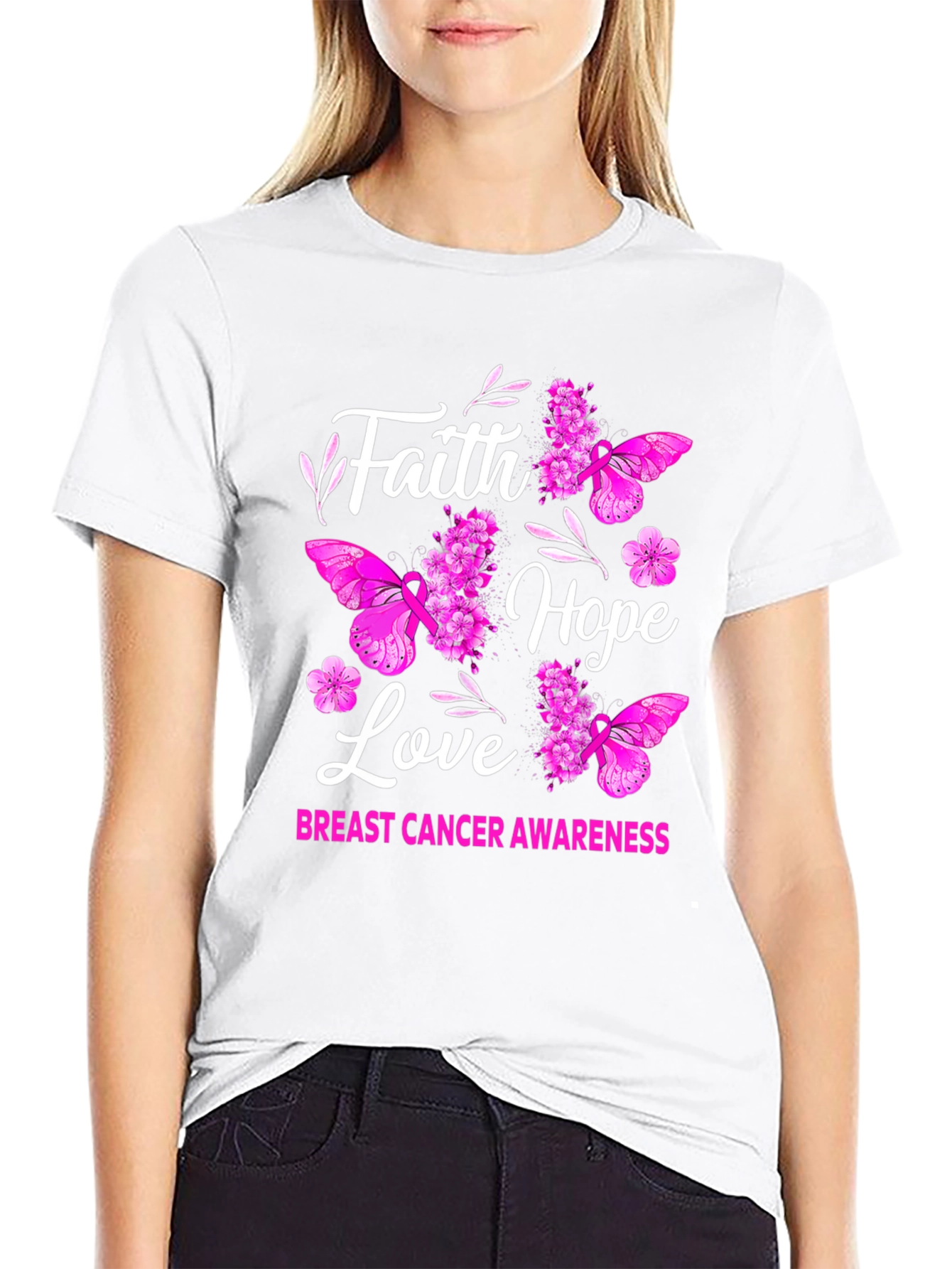 Black Faith Hope Love Breast Cancer Awareness Graphic Tee view 9