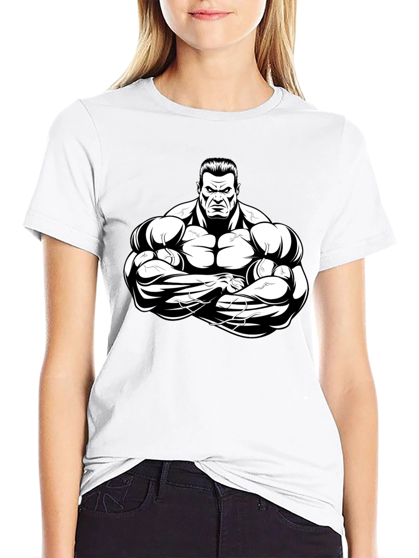 Black Black T-Shirt with Muscular Cartoon Graphic view 9