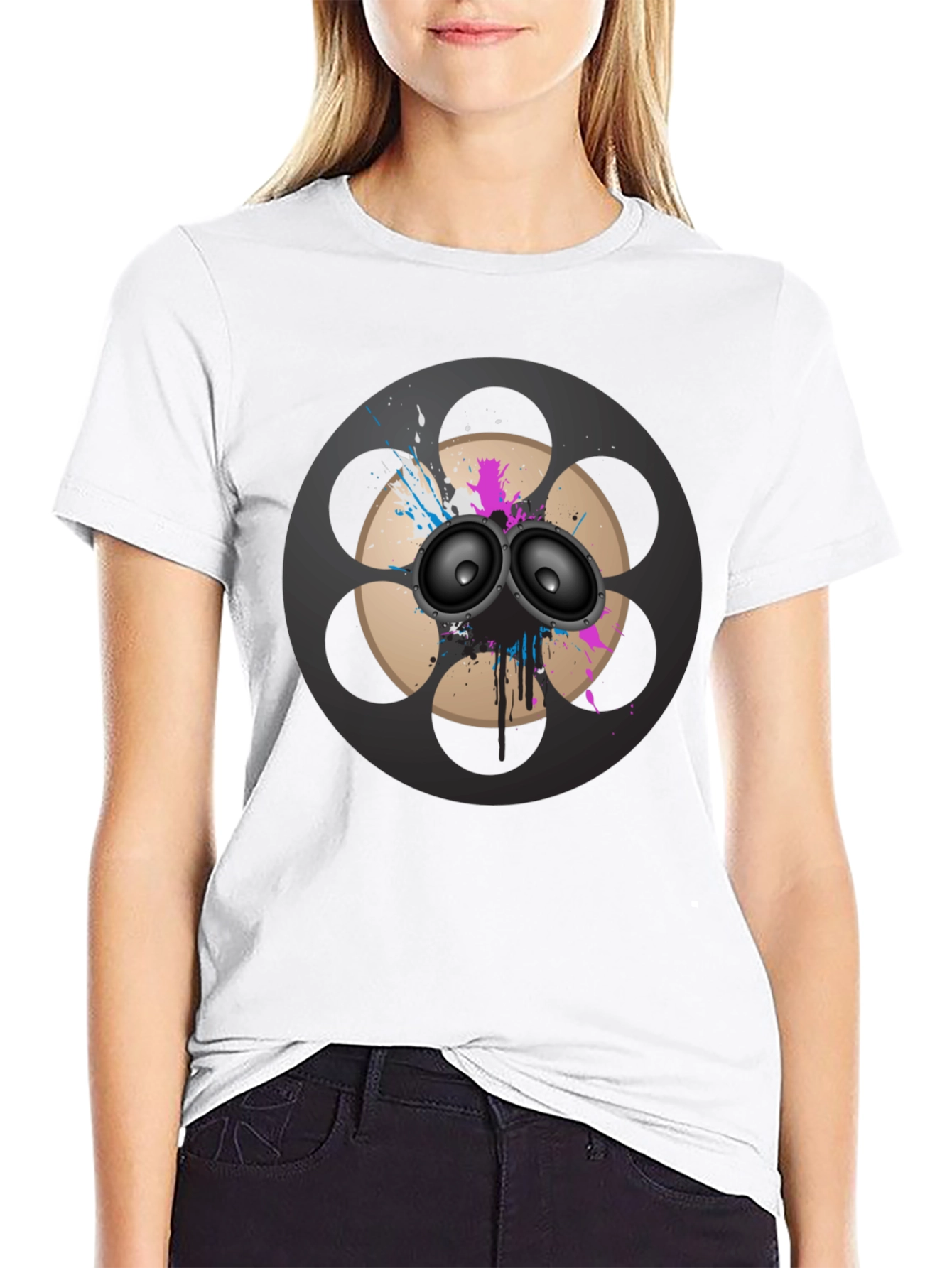 Black Retro Film Reel Speaker Graphic T-Shirt view 9