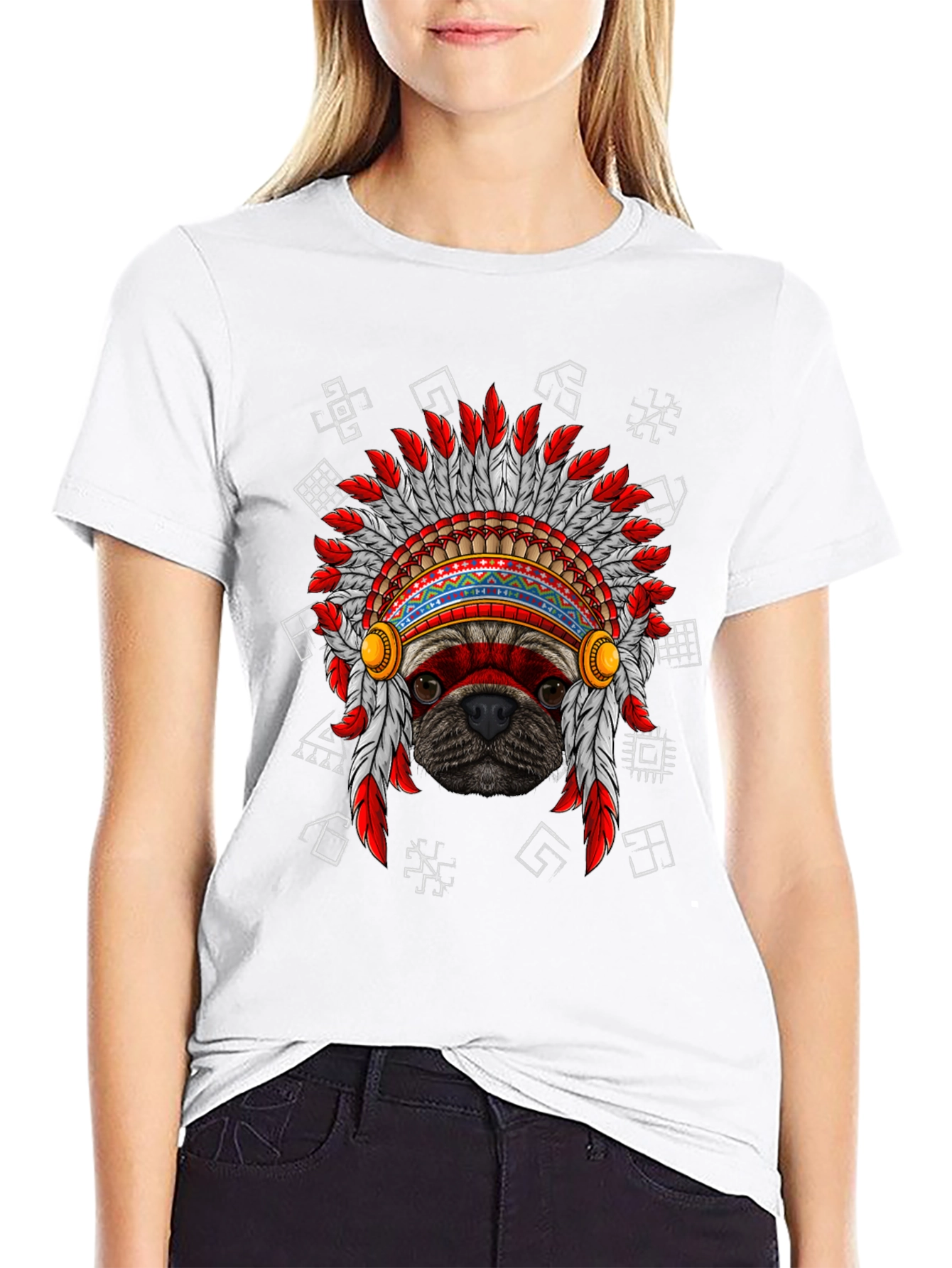 Black Pug Indian Chief Headdress Graphic T-Shirt view 9