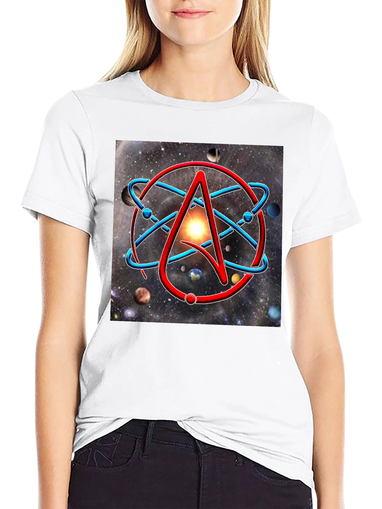 Black Atheist Symbol Graphic Tee - Space Background view 9