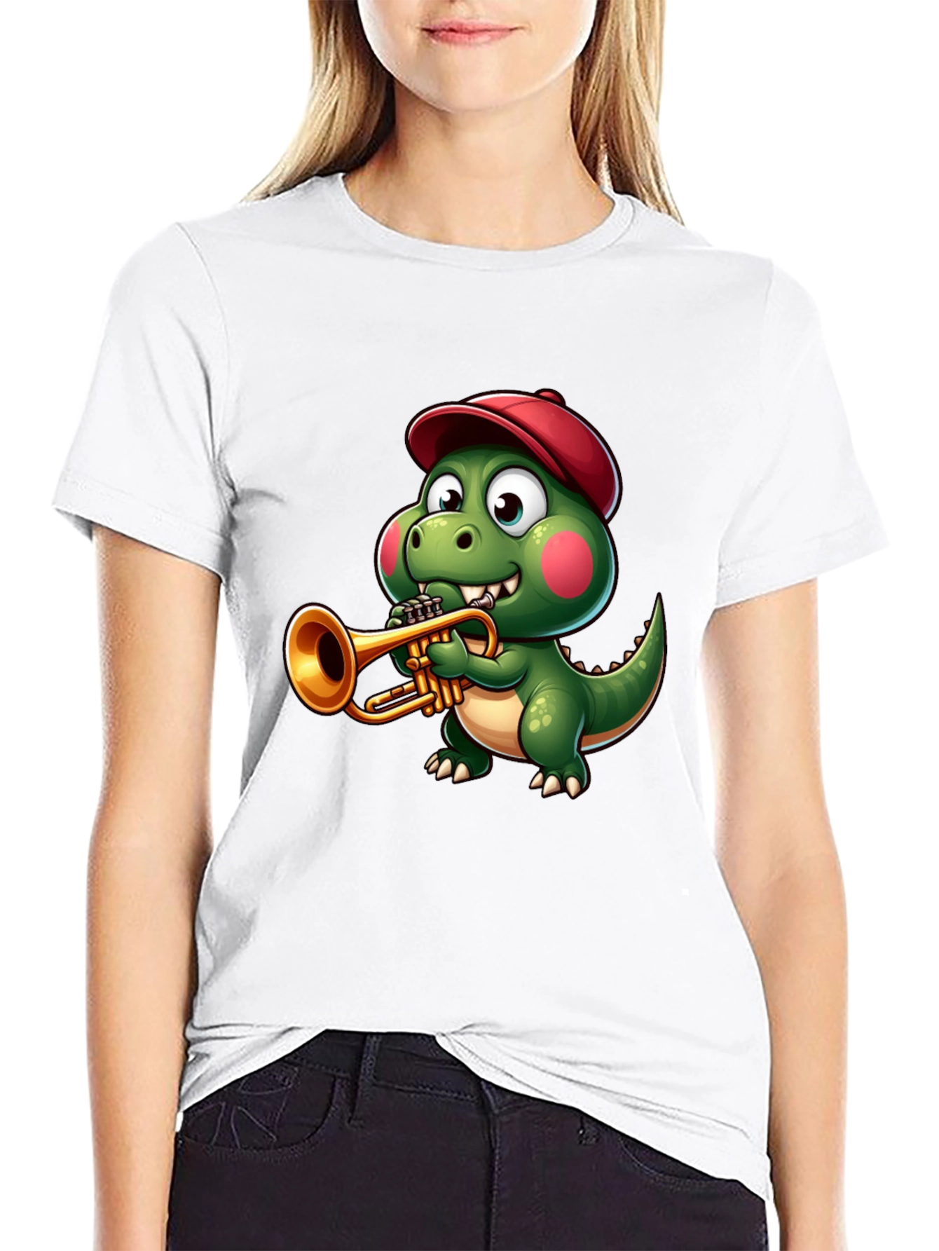 Black Trumpet Dinosaur T-Shirt - Cartoon Music Tee view 9