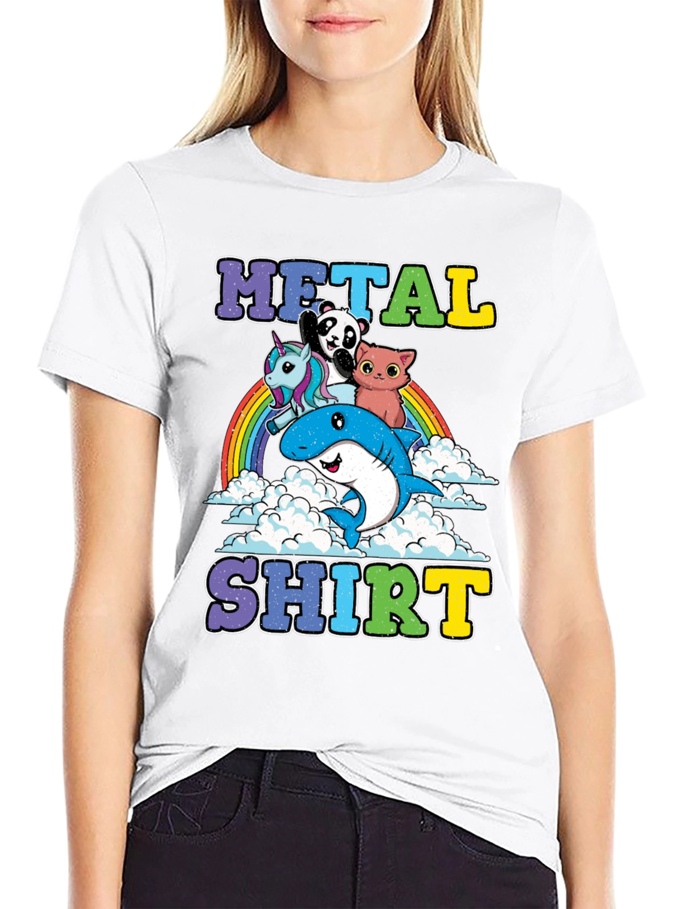 Black Metal Shirt with Cartoon Animals on Rainbow view 9