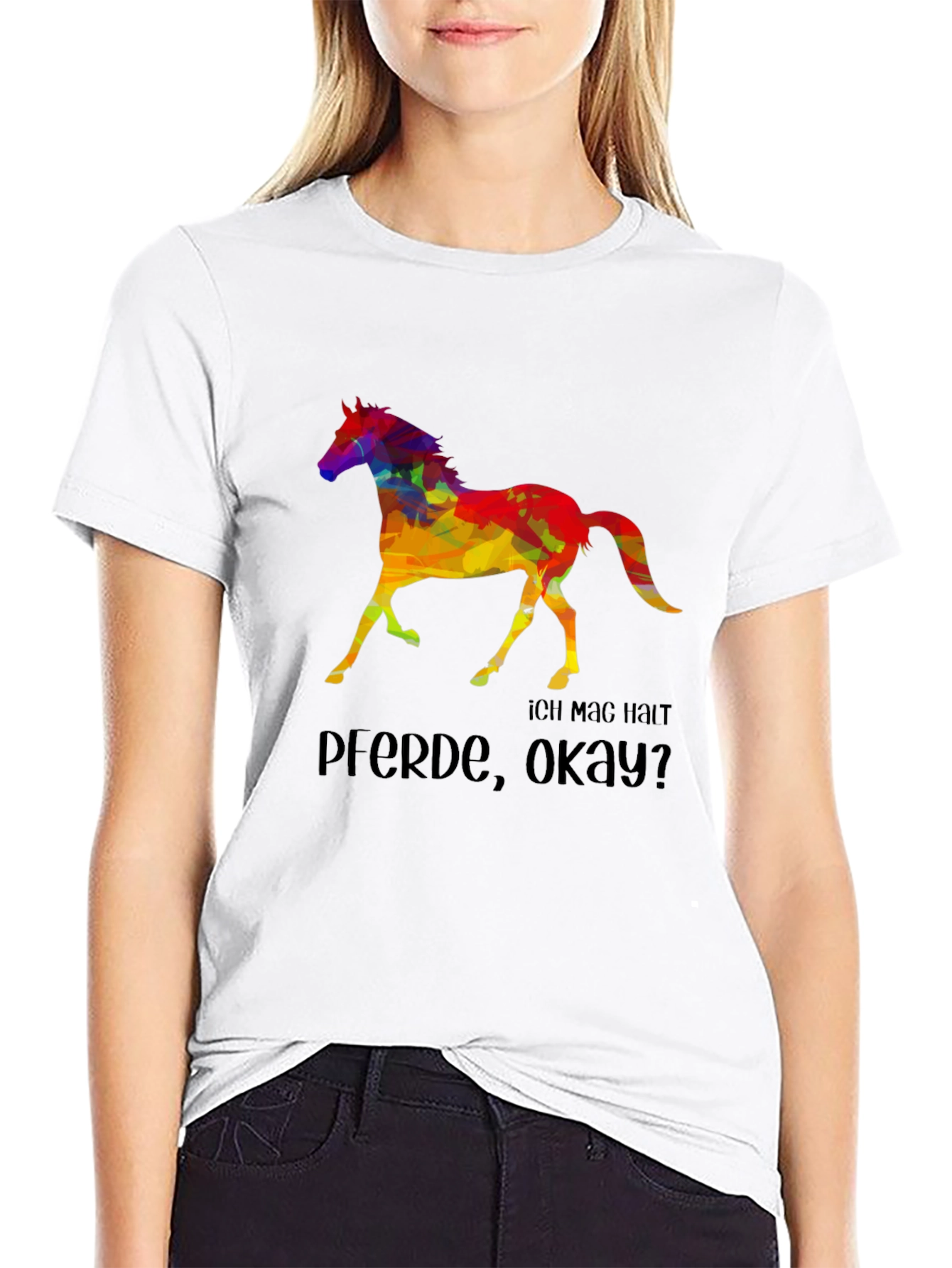 Black Colorful Horse Graphic T-Shirt - "Ich Mag Halt Pferde, Okay?" view 9