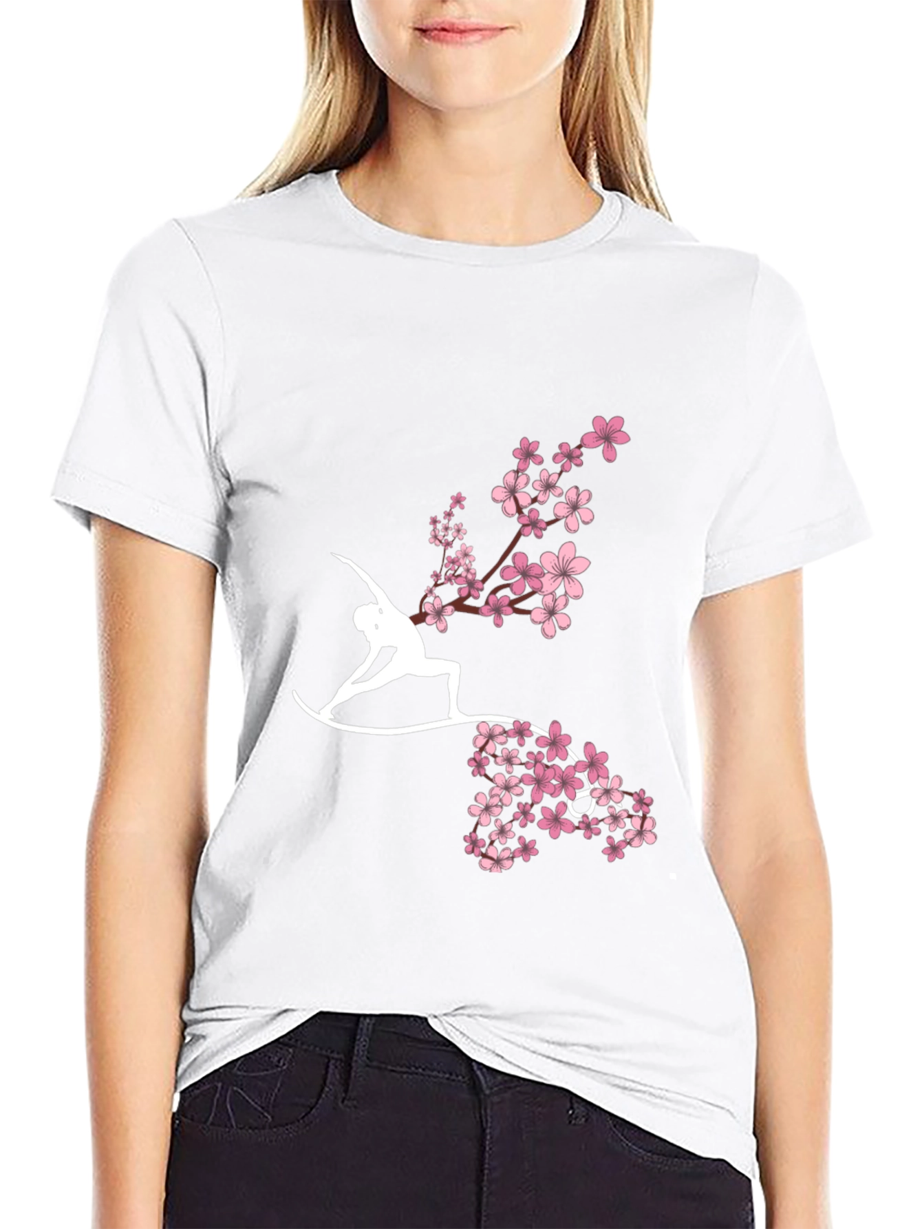 Black Yoga & Cherry Blossom Graphic Tee - Black view 9