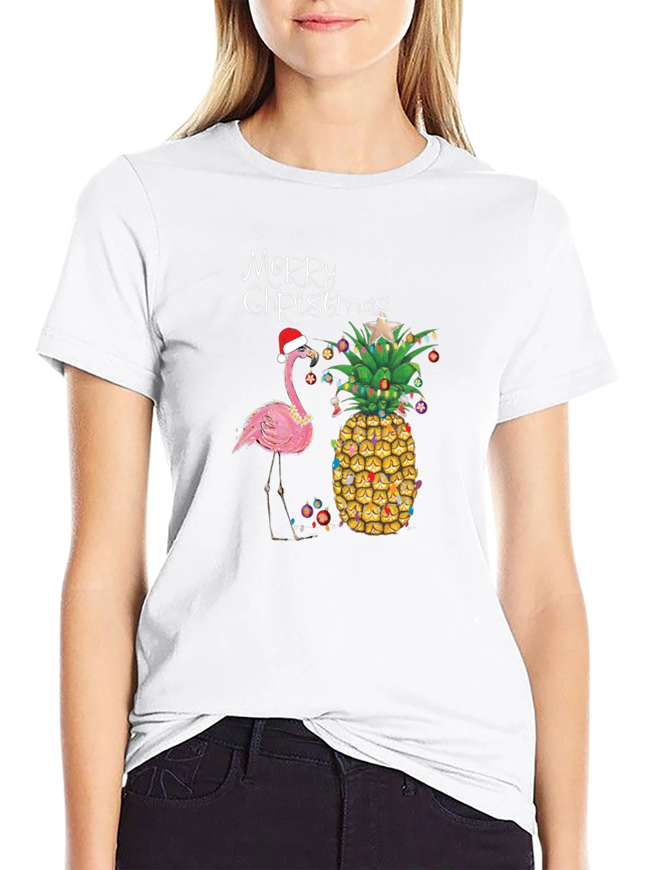 Black Festive Flamingo Pineapple Christmas Tee view 9