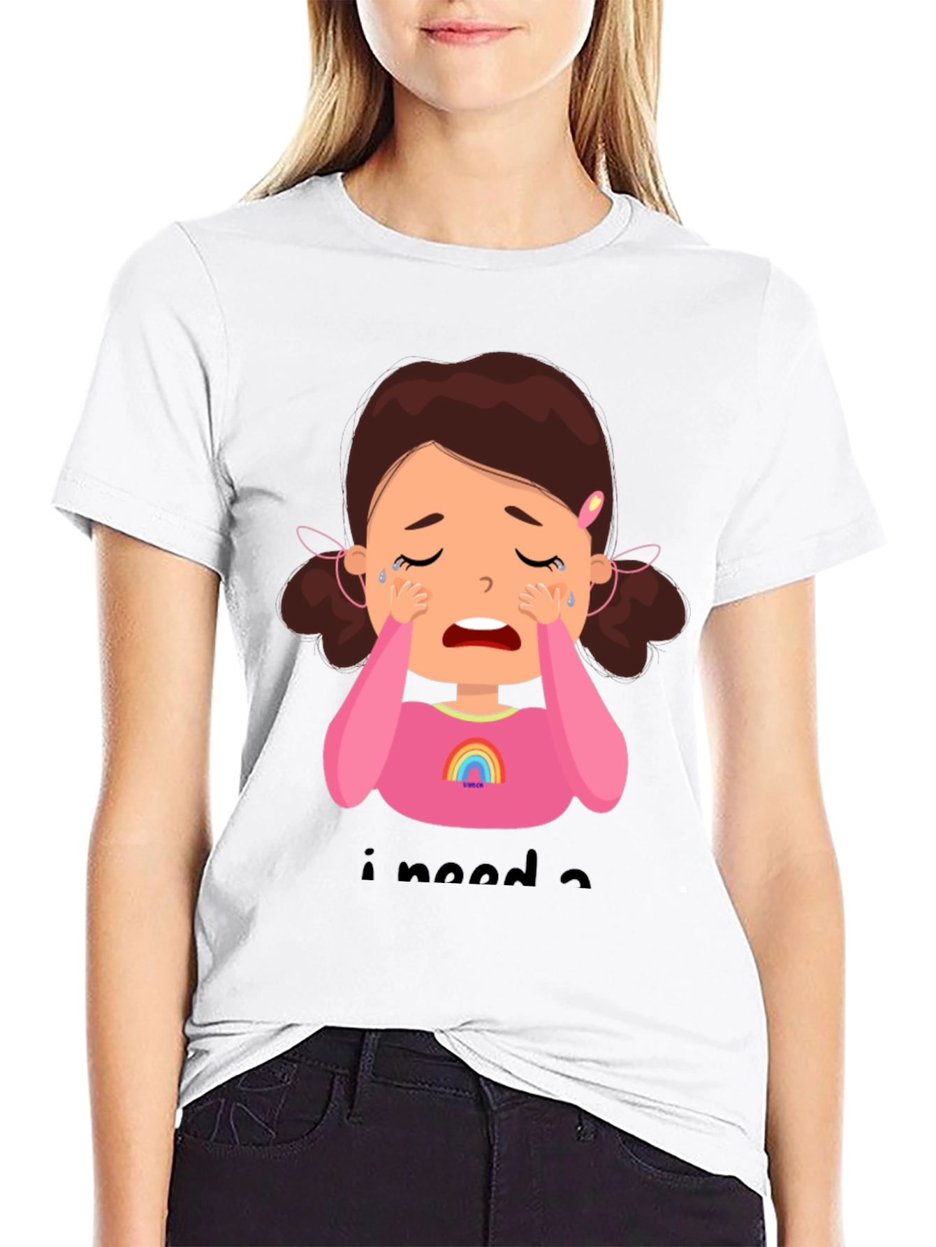 Black Crying Cartoon Girl Graphic Tee - Black Unisex Shirt view 9