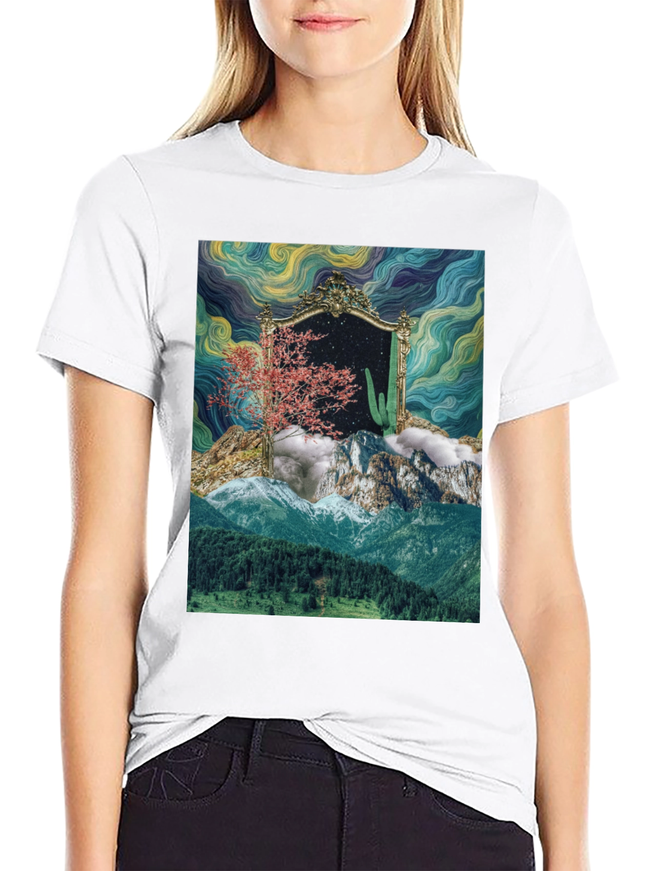 Black Surreal Landscape Mirror Graphic T-Shirt view 9
