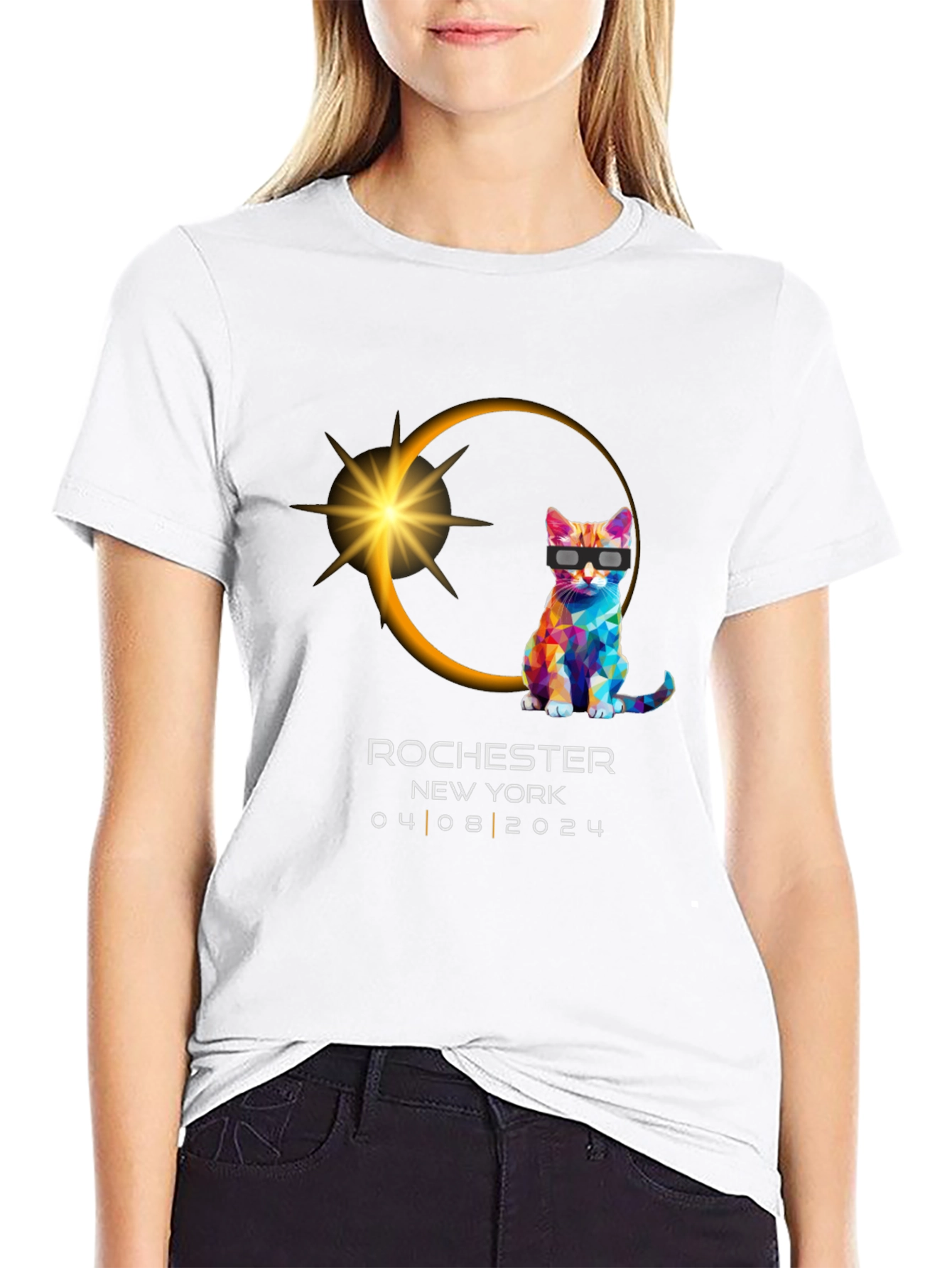 Black Rochester NY Eclipse 2024 Cat T-Shirt view 9
