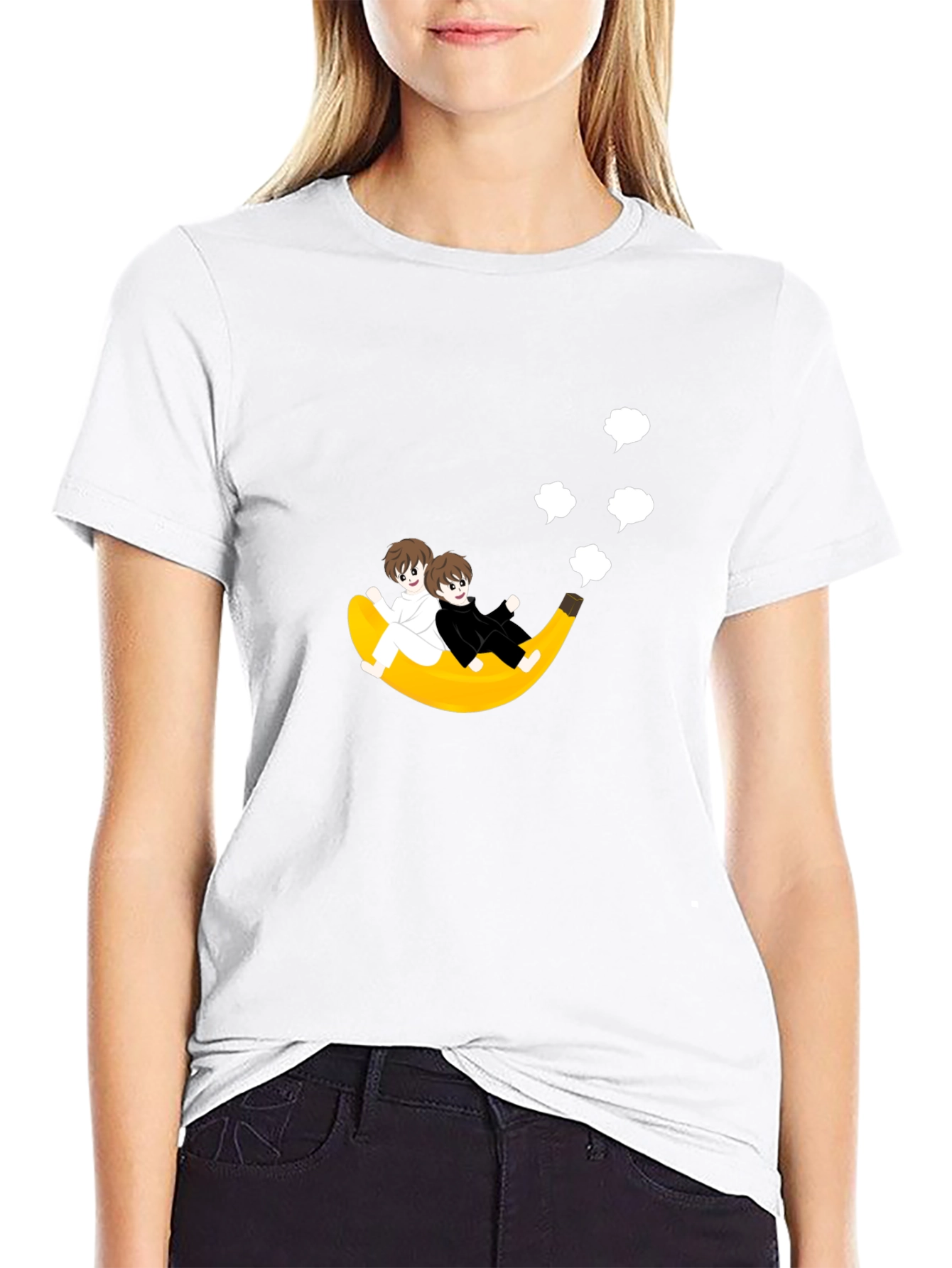 Black Whimsical Banana Ride T-Shirt - Unique Cartoon Design view 9