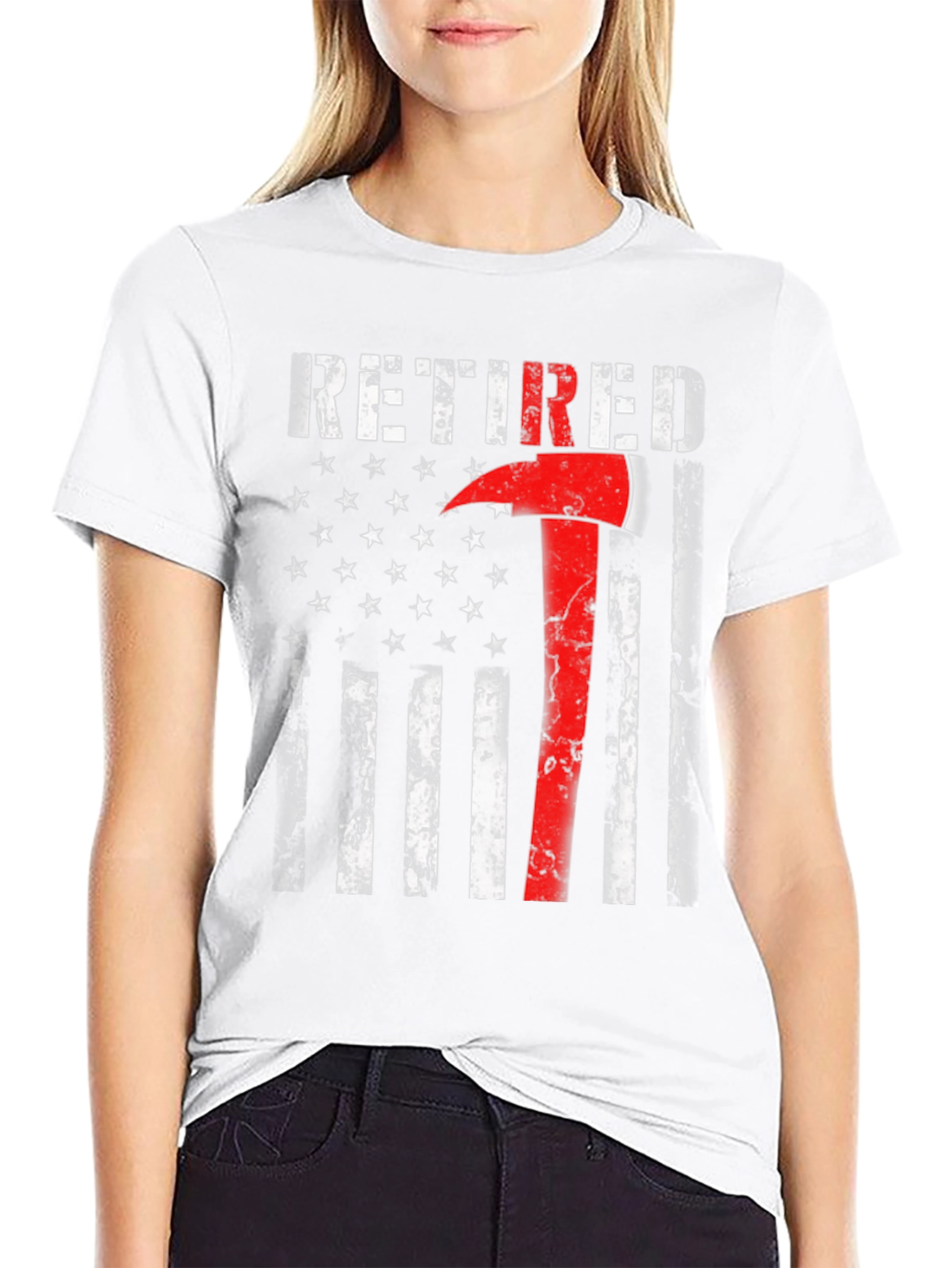 Black Retired Firefighter Axe American Flag T-Shirt view 9