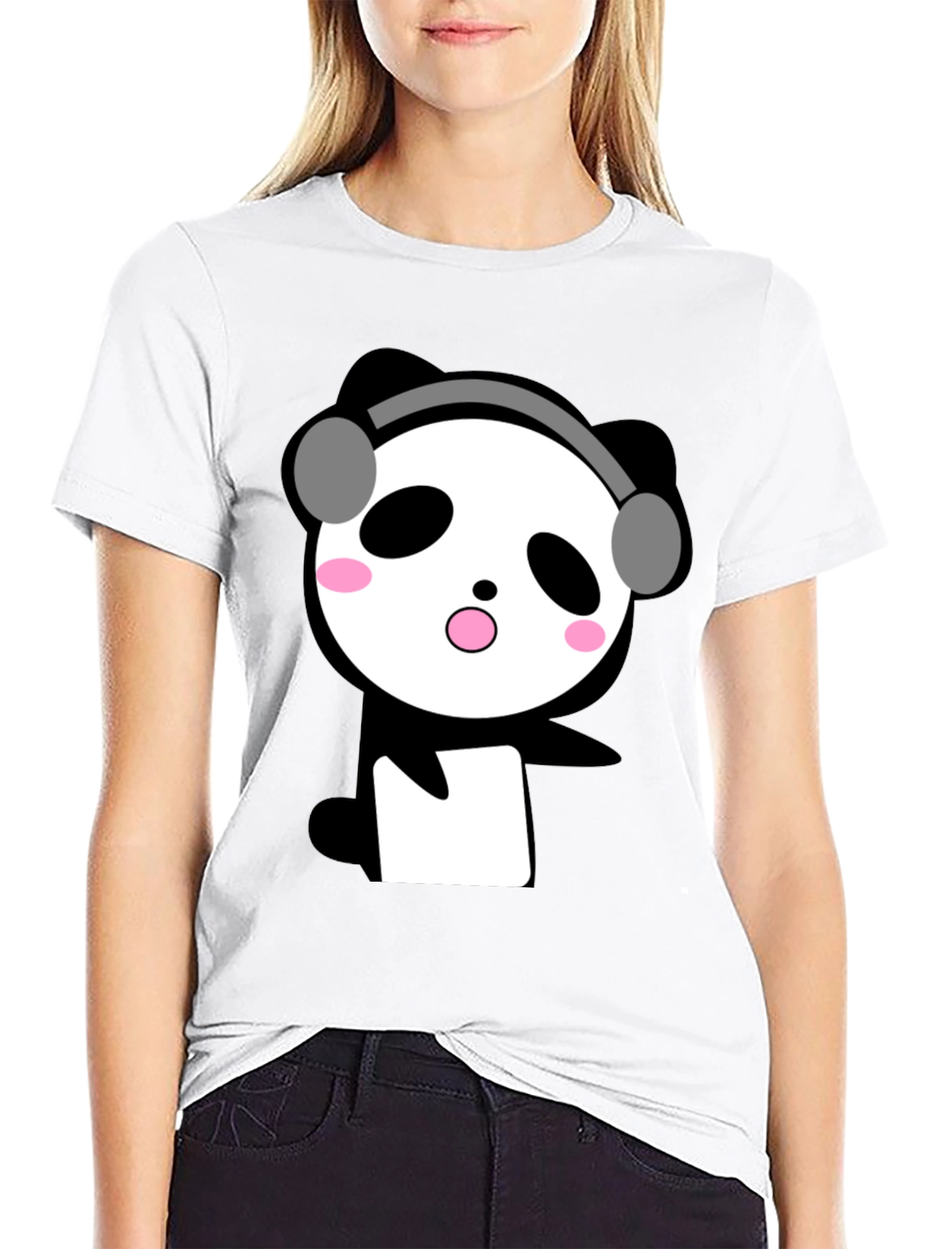 Black Cute Panda with Headphones Black T-Shirt view 9