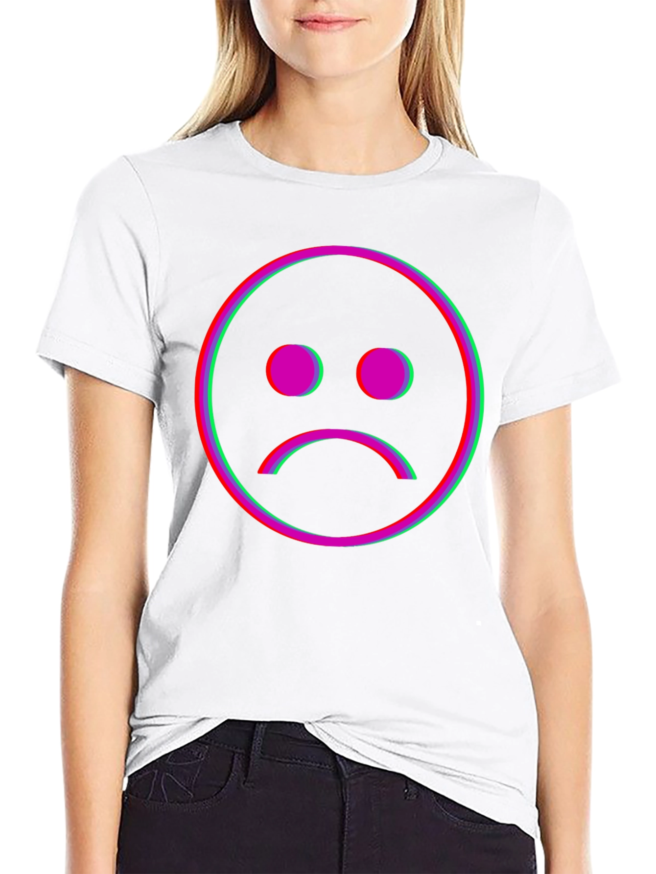 Black Sad Face Glitch Graphic Black T-Shirt view 9