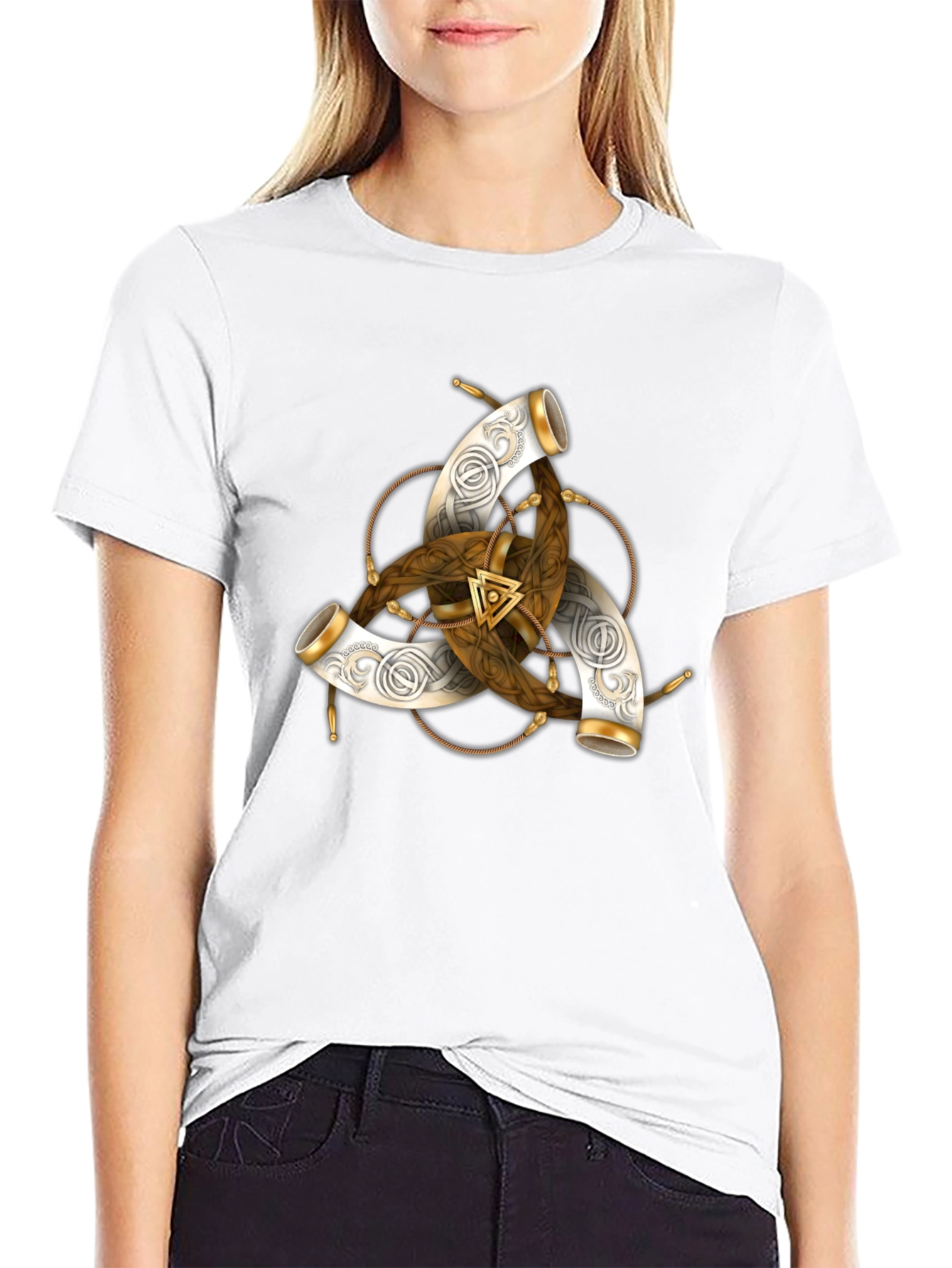 Black Men's Black T-Shirt with Viking Horns Symbol Design view 9