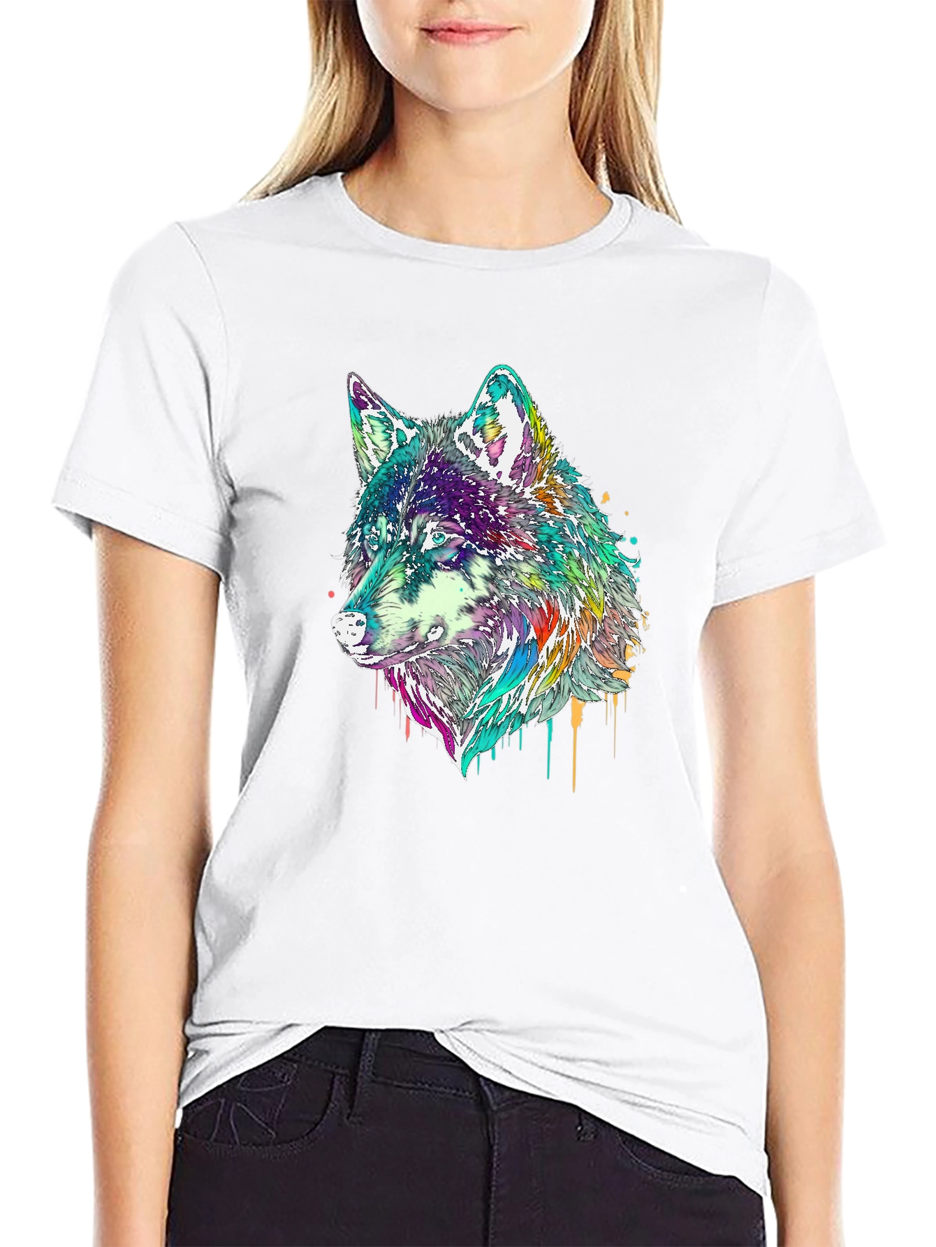 Black Wolf Graphic Tee - Colorful Animal Print view 9