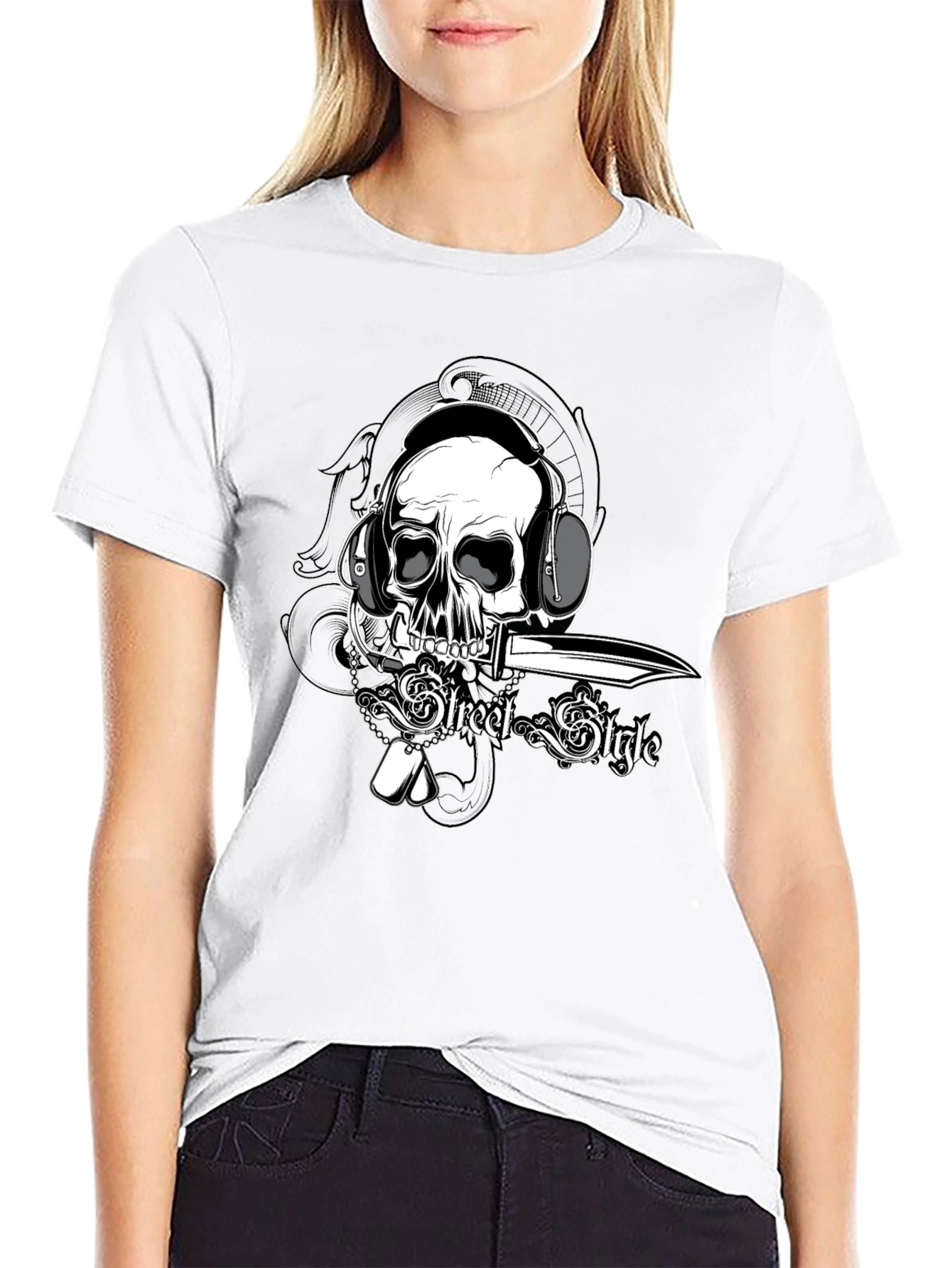 Black Skull with Headphones Graphic Tee view 9