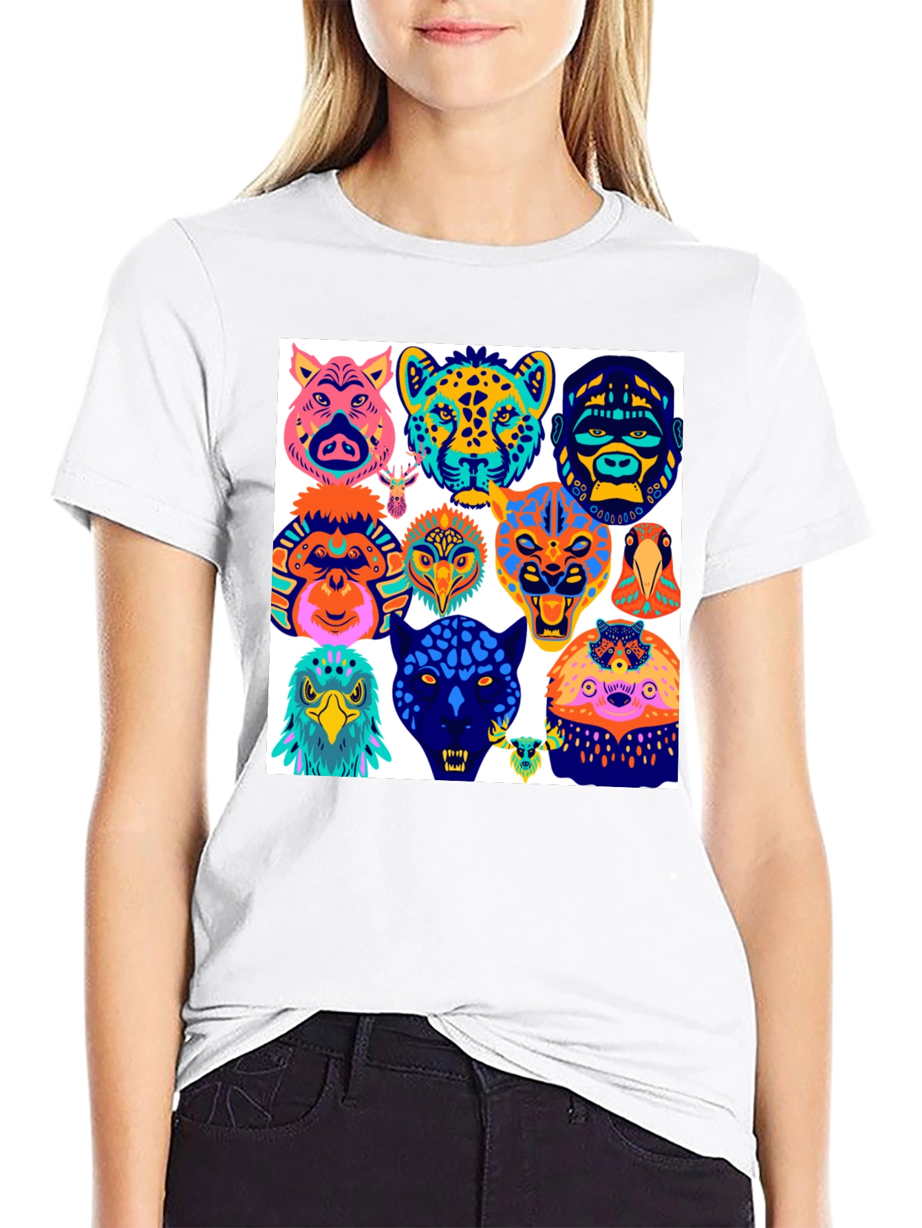 Black Animal Faces Graphic Tee - Modern Abstract Design view 9