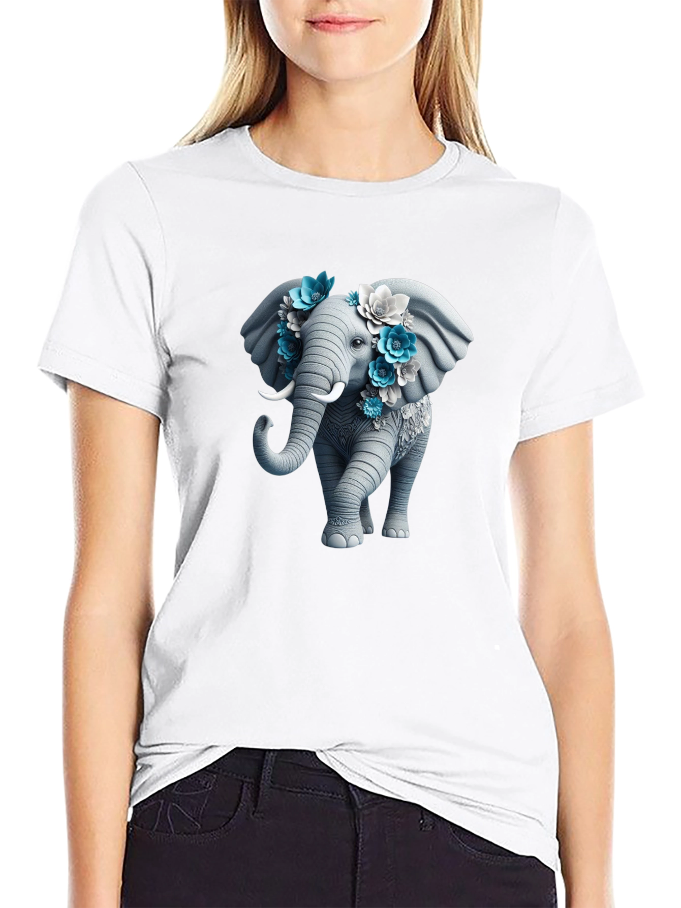 Black Floral Elephant Graphic Tee - Unique Design view 9