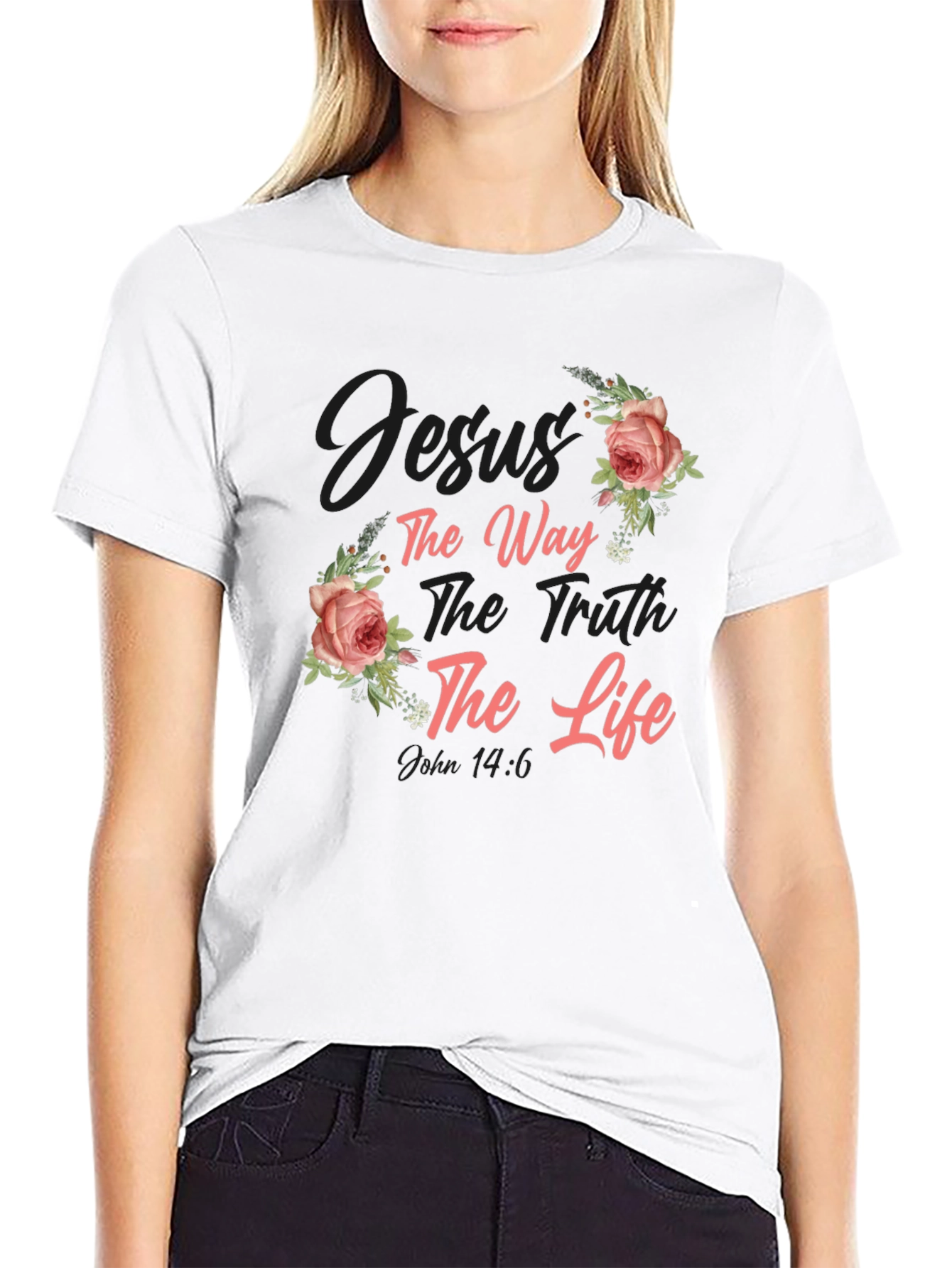 Black Floral Jesus the Way, Truth, Life Black T-Shirt view 9