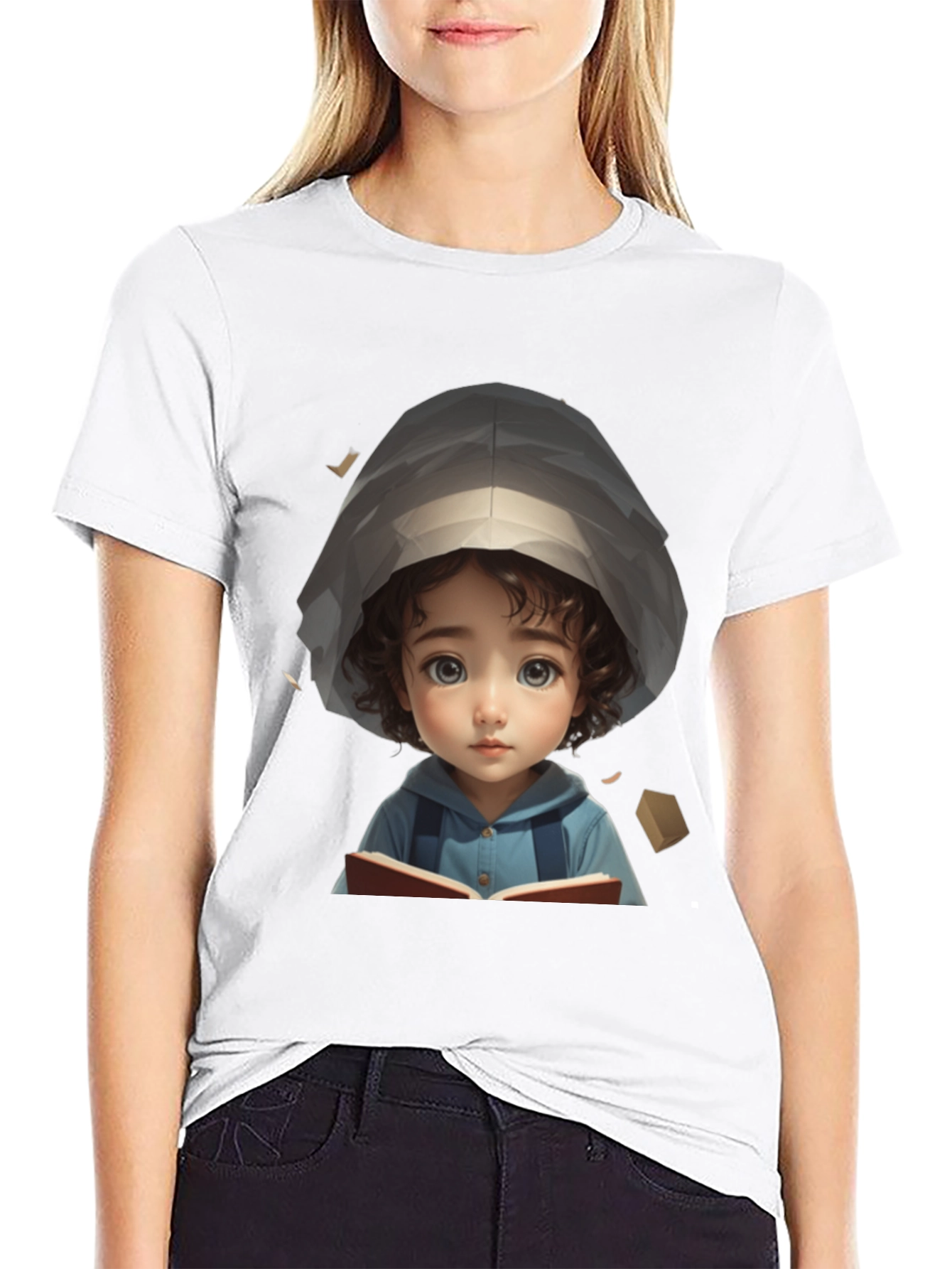 Black Cute Cartoon Girl Reading Book Black T-Shirt view 9