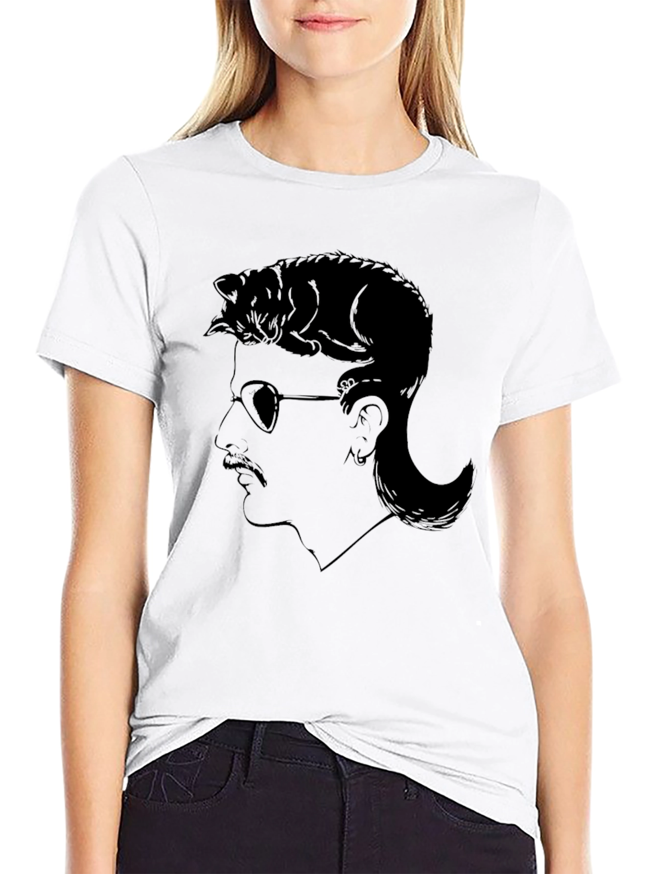 Black Cool Cat Mullet T-Shirt - Unique Graphic Tee view 9