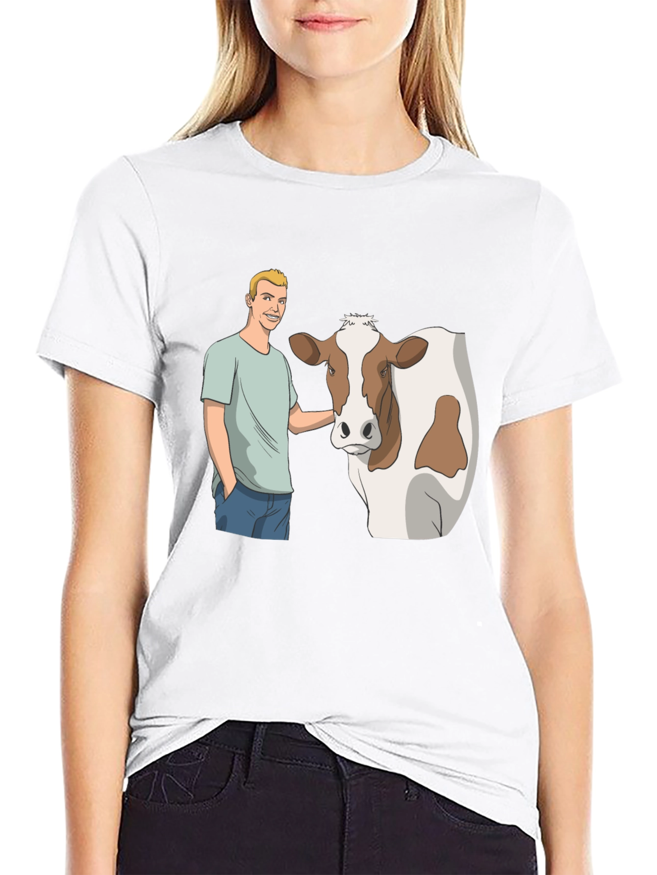 Black Cartoon Man & Cow Black T-Shirt view 9