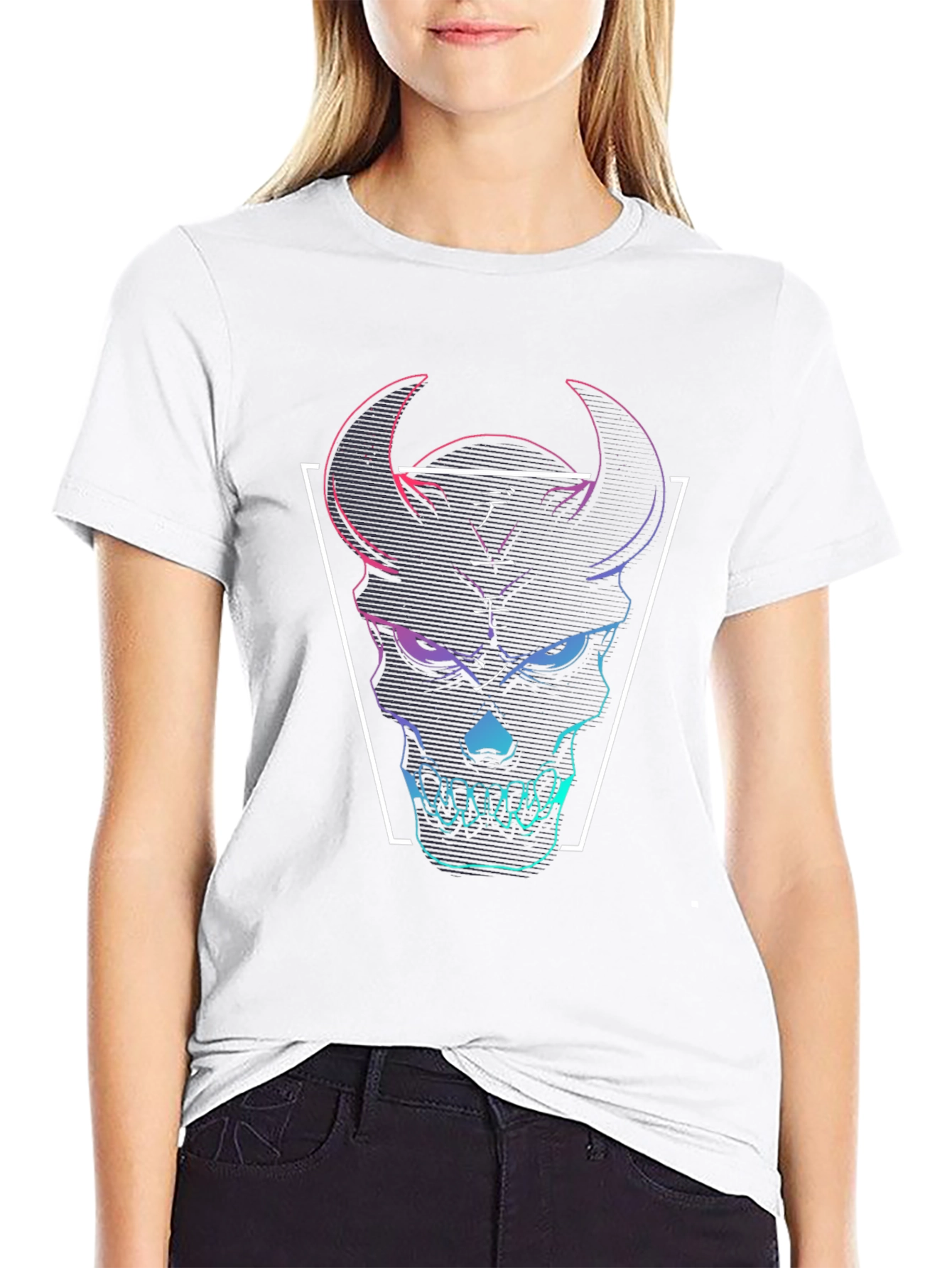 Black Neon Demon Skull Graphic Tee - Black Cotton T-Shirt view 9