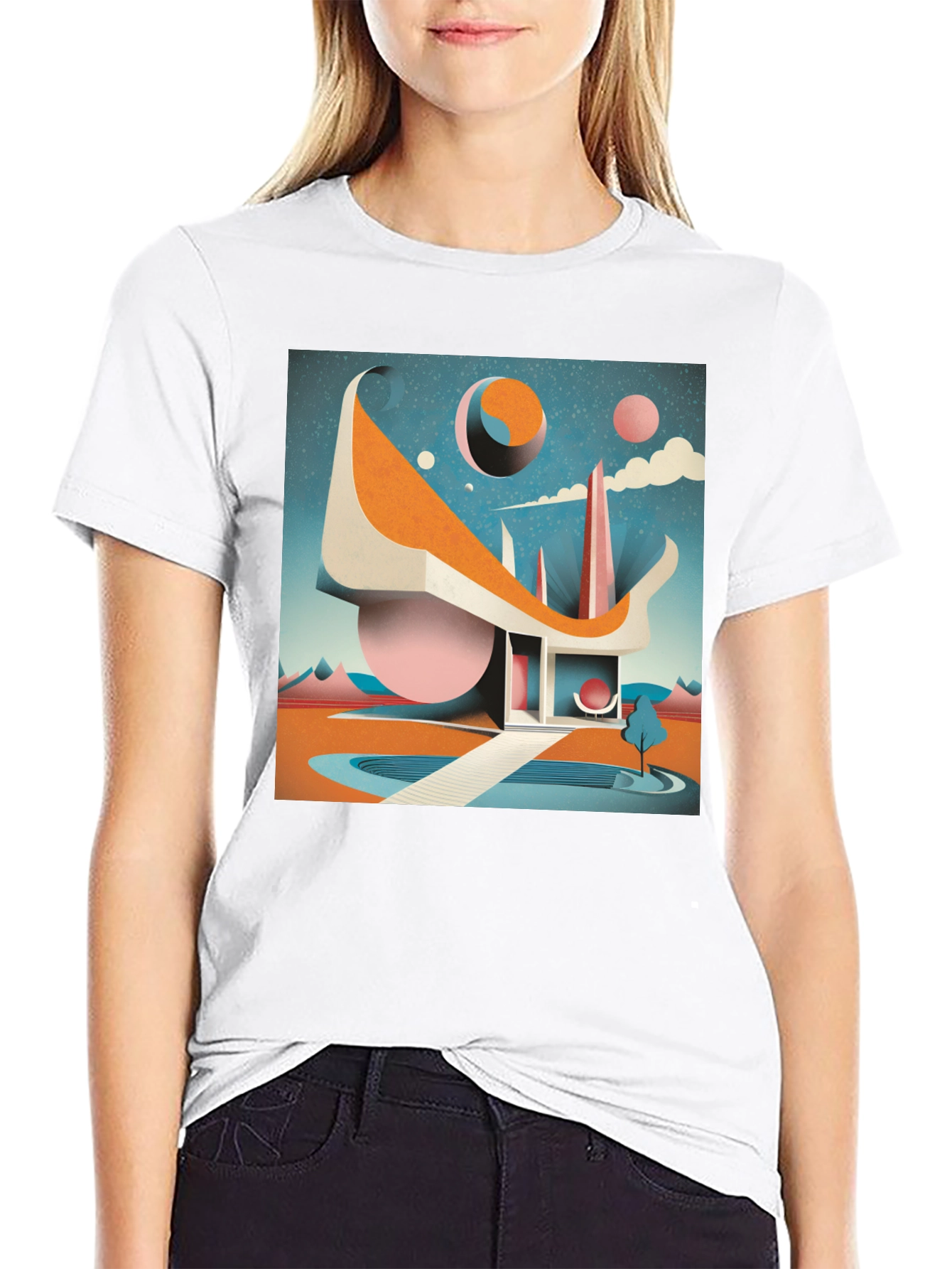 Black Retro Futuristic T-Shirt: Modernist Architectural Design view 9