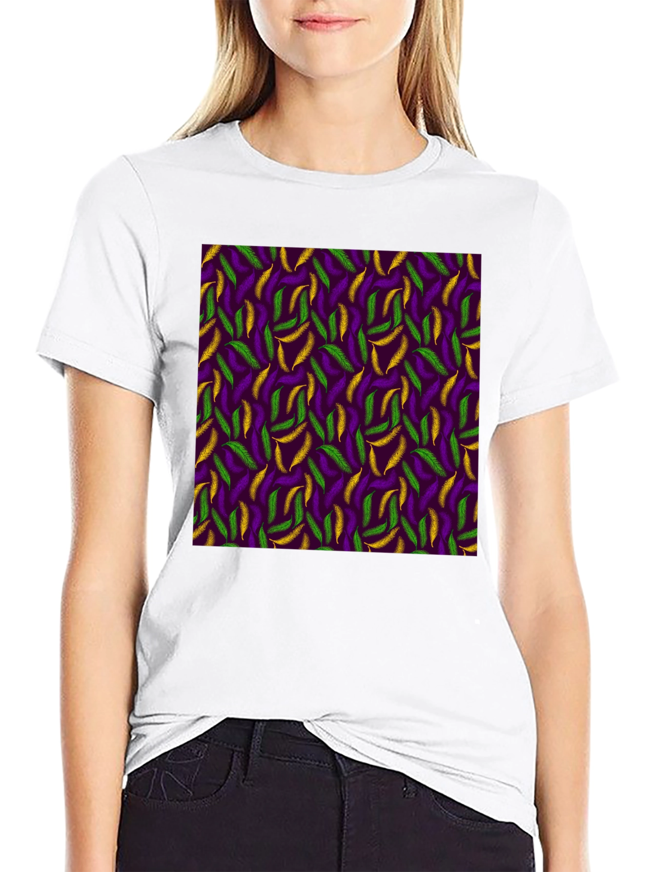 Black Mardi Gras Feather Pattern Crewneck T-Shirt view 9