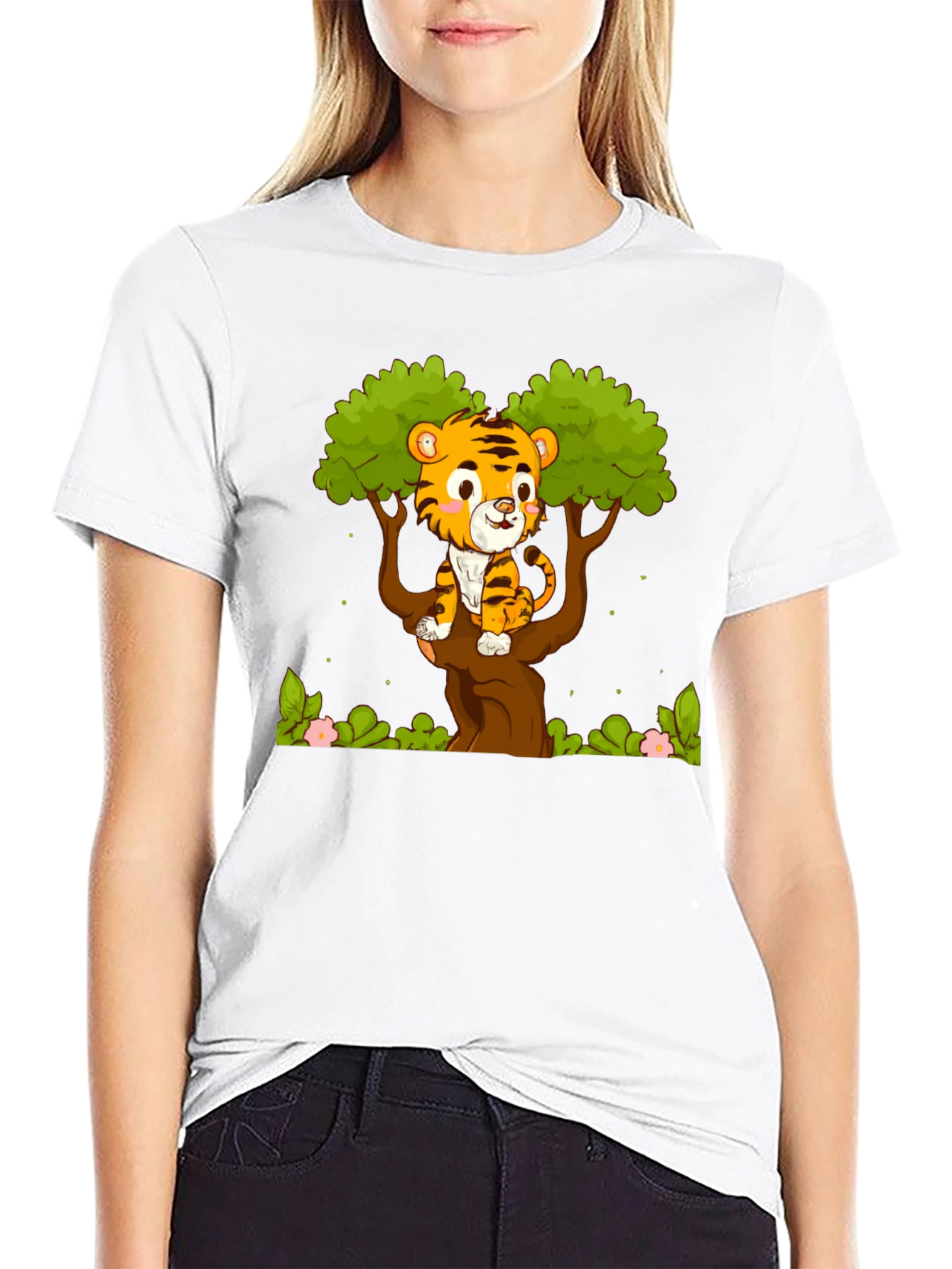 Black Cute Tiger Cub in Tree Graphic T-Shirt view 9