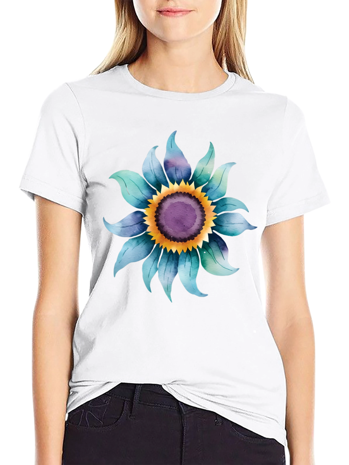 Black Blue Sunflower Graphic Tee - Soft Cotton Blend view 9
