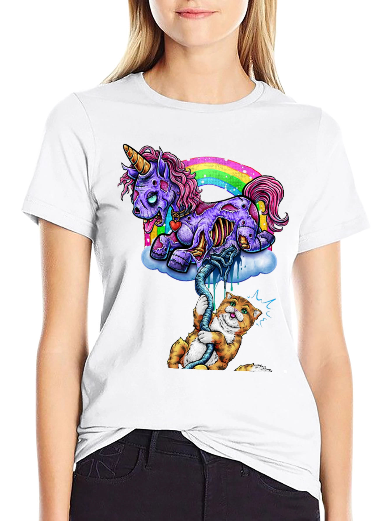 Black Zombie Unicorn & Cat Graphic Tee view 9